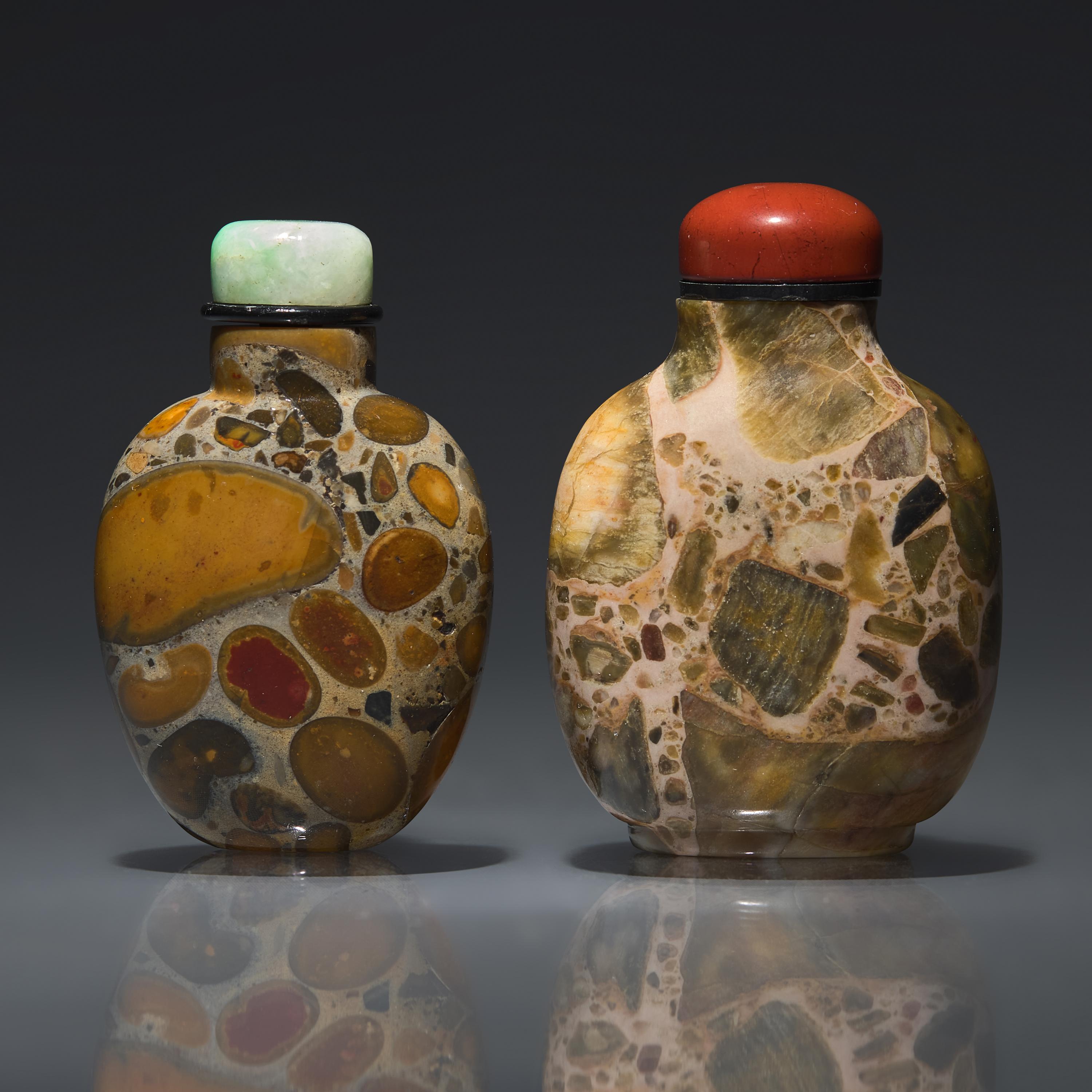 Two Chinese Puddingstone Snuff Bottles, Qing Dynasty, 18th-19th Century — 清中期 抱子石鼻煙壺兩支
