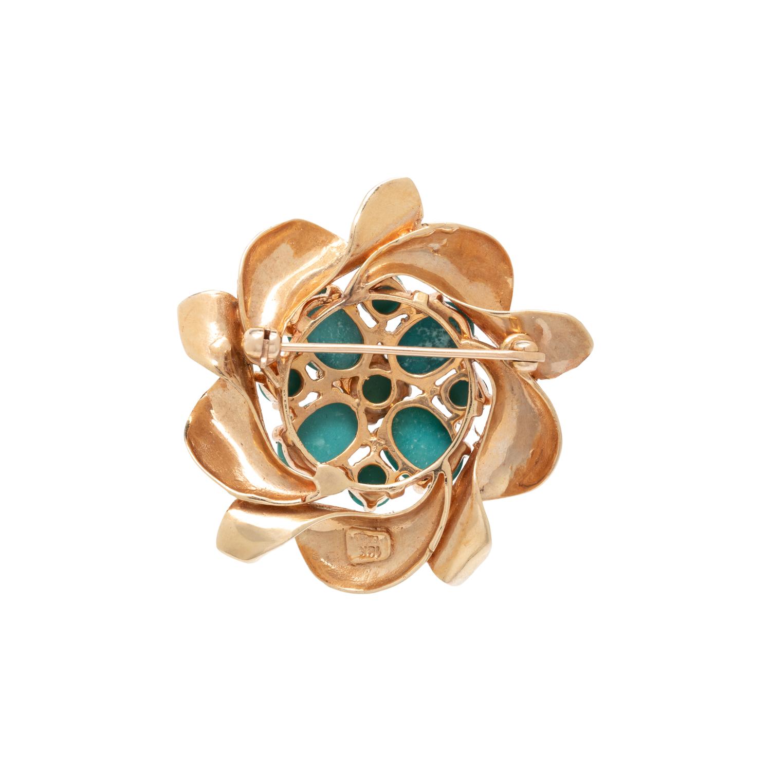YELLOW GOLD AND TURQUOISE CLUSTER BROOCH