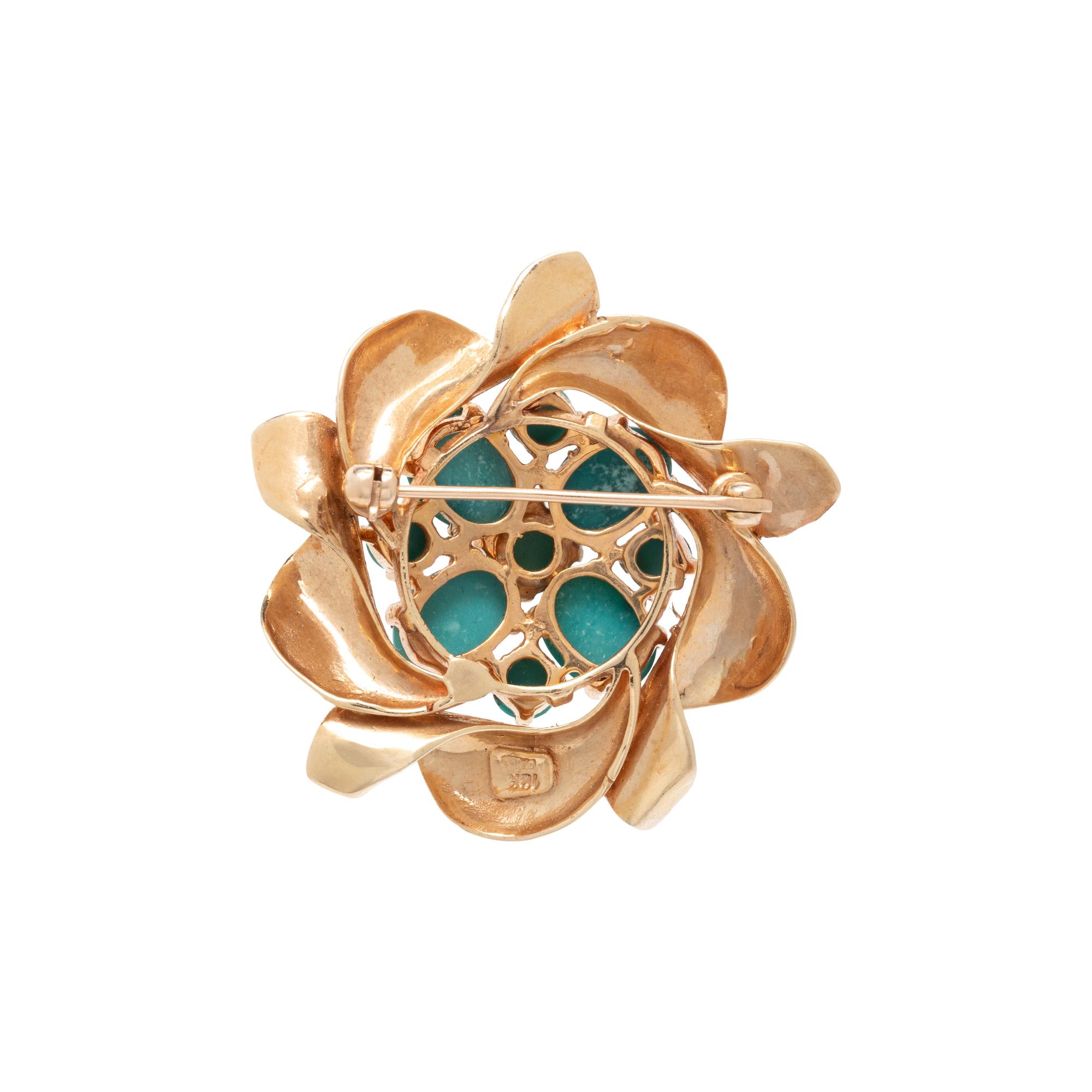 YELLOW GOLD AND TURQUOISE CLUSTER BROOCH