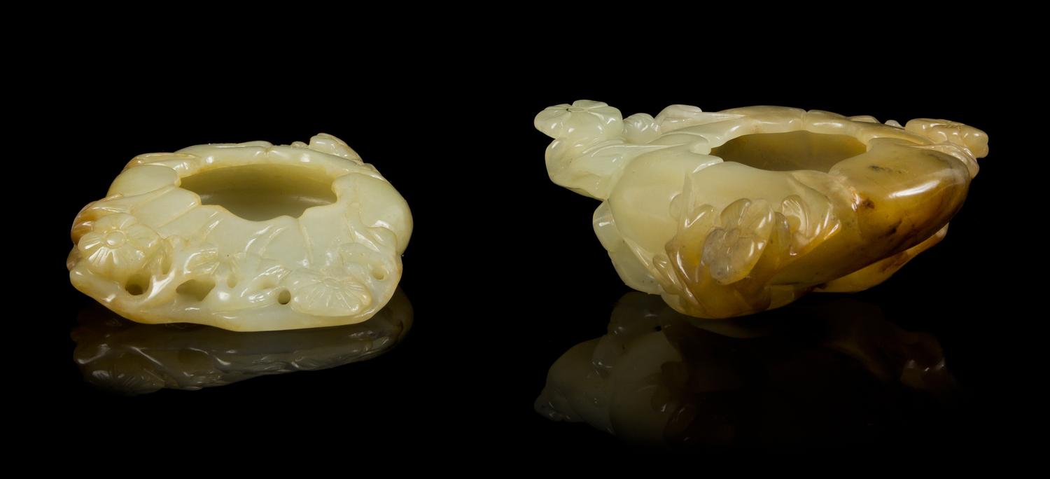 Two Celadon Jade Water Droppers Width of larger 3 3/8 inches.