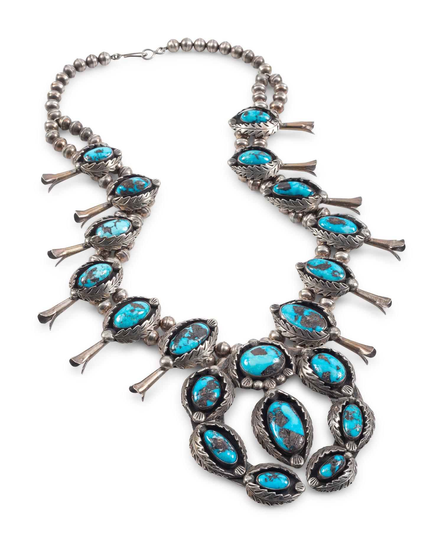 Navajo Silver and Turquoise Squash Blossom Necklace
