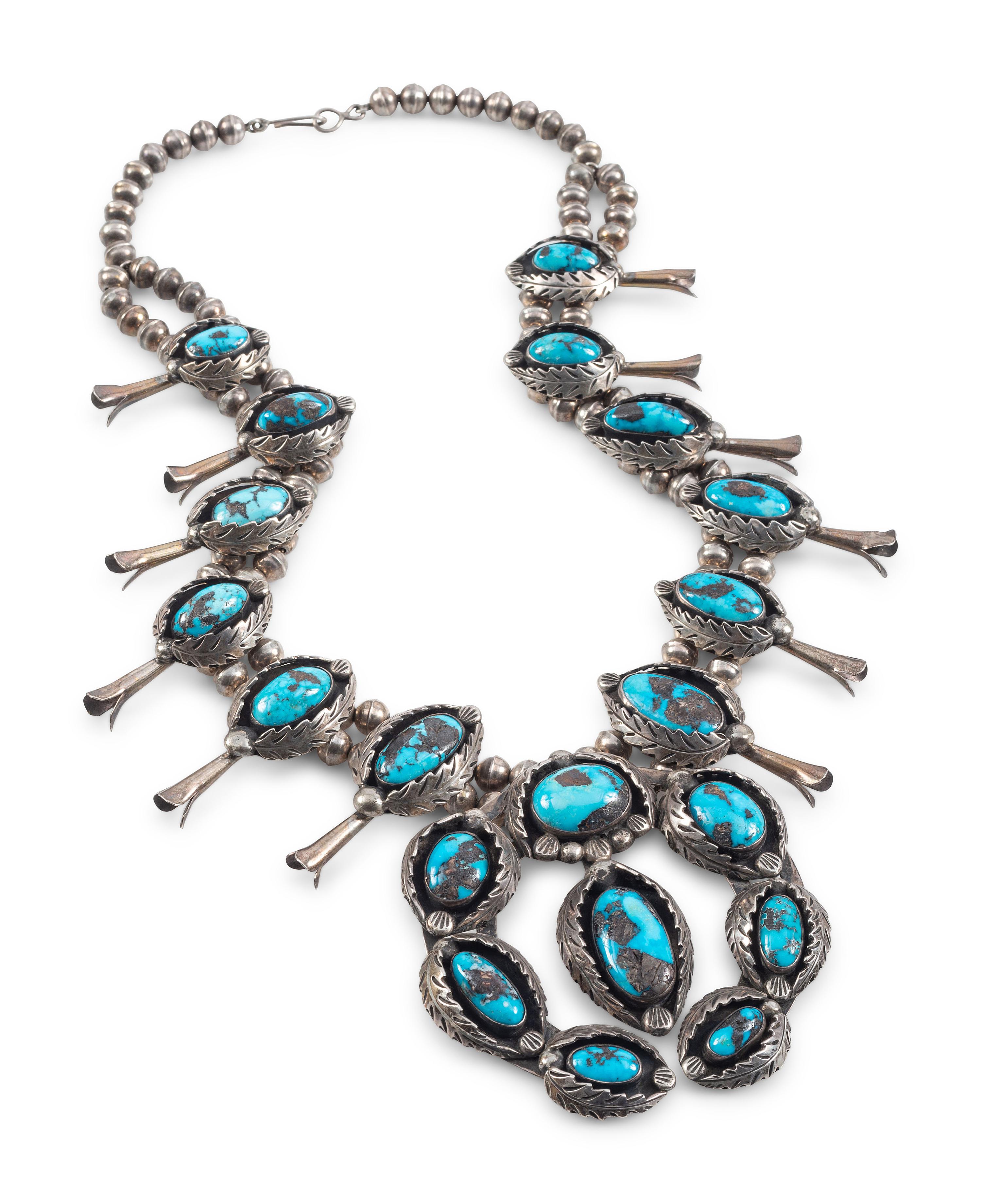 Navajo Silver and Turquoise Squash Blossom Necklace