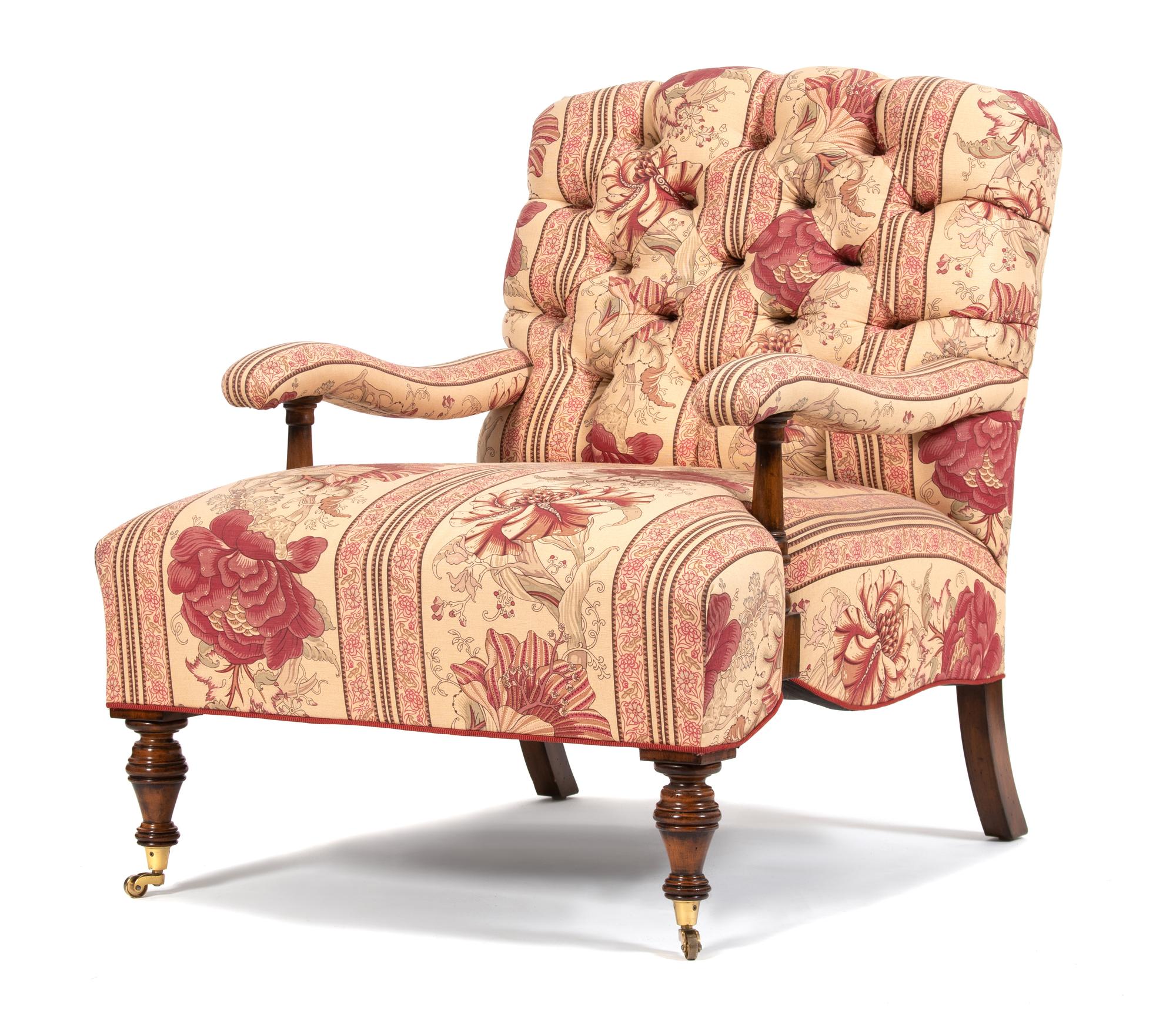 A Regency Style Mahogany Upholstered Lolling Chair Height 35 1/2 inches. — LATE 19TH/EARLY 20TH CENTURY