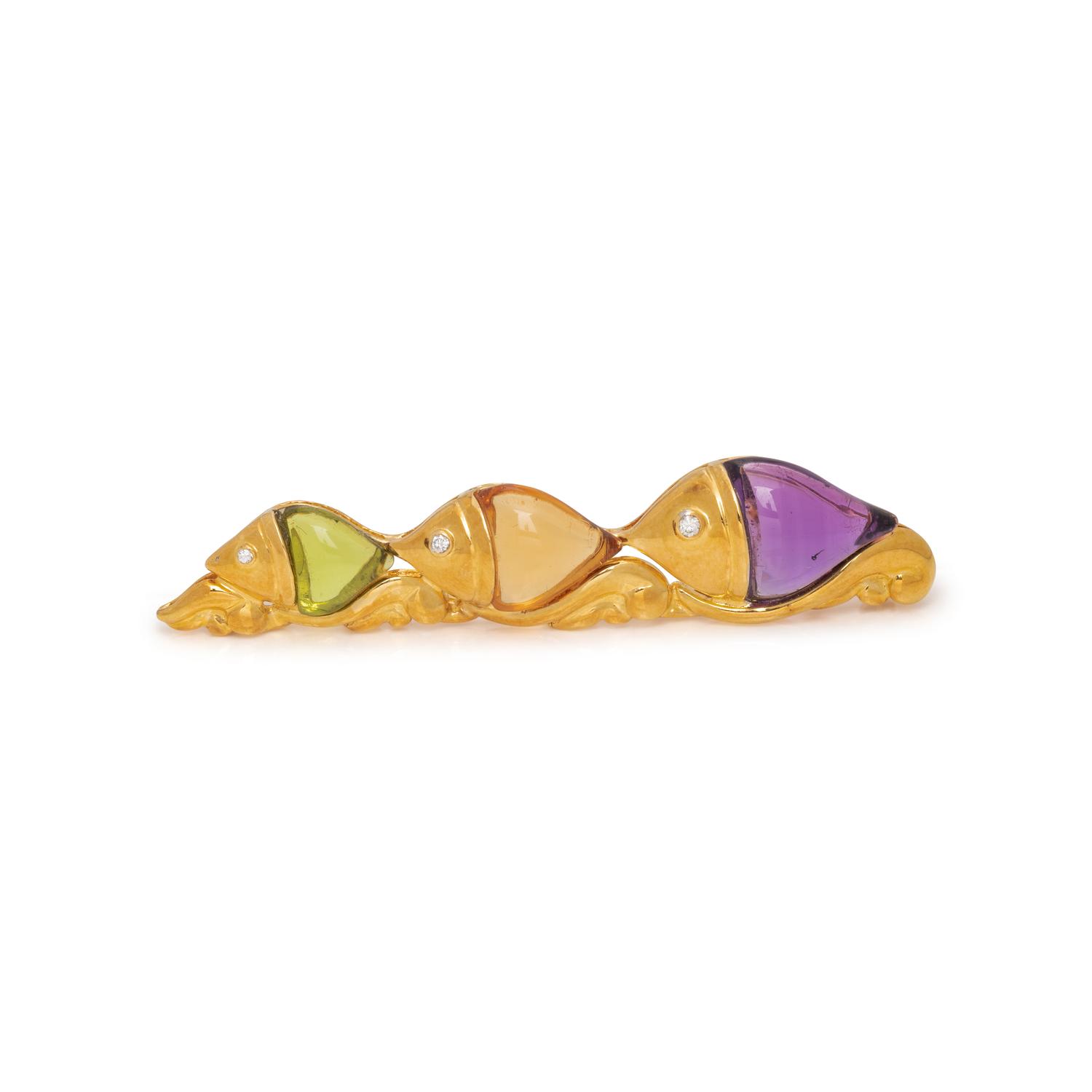 YELLOW GOLD, MULTIGEM AND DIAMOND FISH BROOCH