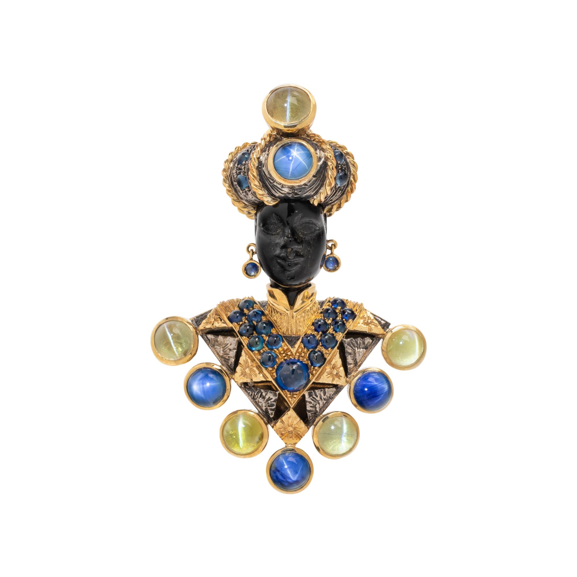 NARDI, SAPPHIRE, STAR SAPPHIRE AND CAT'S EYE CHRYSOBERYL BLACKAMOOR BROOCH