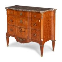 A Louis XVI Style Marquetry and Gilt Metal Mounted Marble-Top Commode