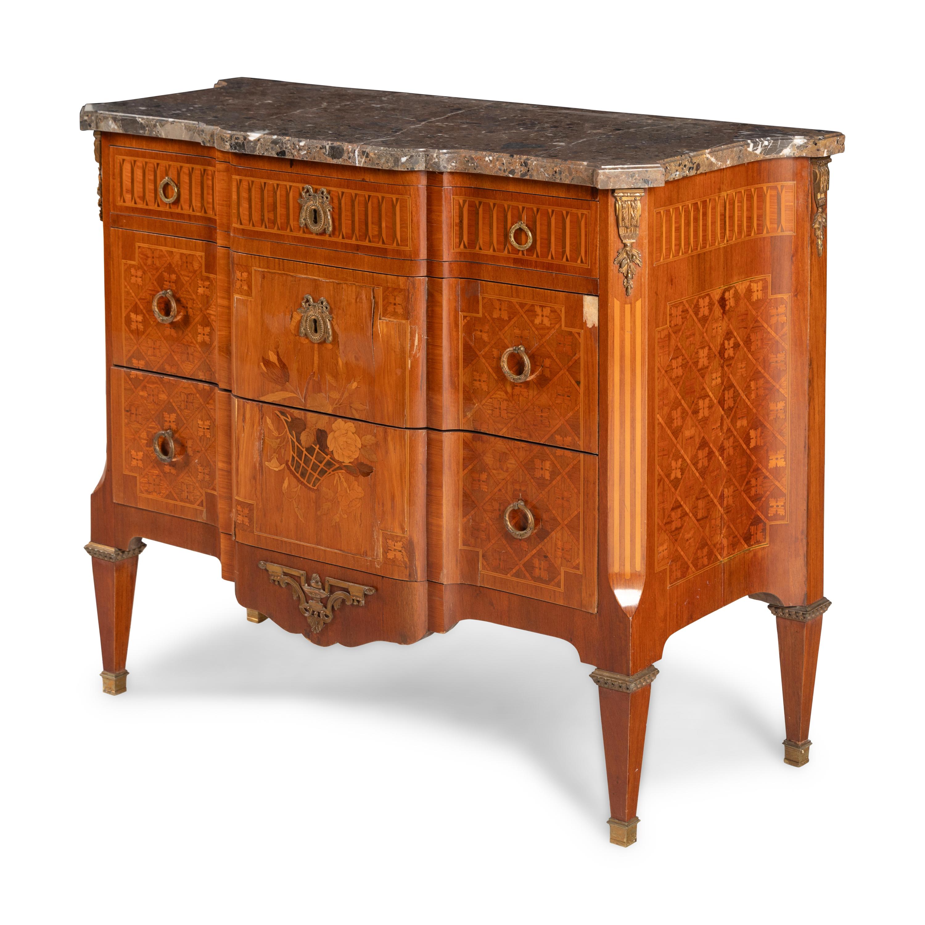 A Louis XVI Style Marquetry and Gilt Metal Mounted Marble-Top Commode