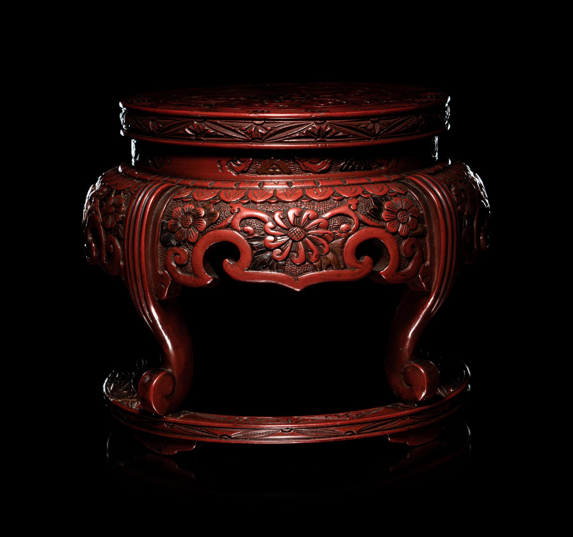 A Pair of Japanese Carved Cinnabar Lacquer Stands