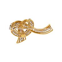 McTEIGUE & CO., YELLOW GOLD, PLATINUM AND DIAMOND RIBBON BROOCH