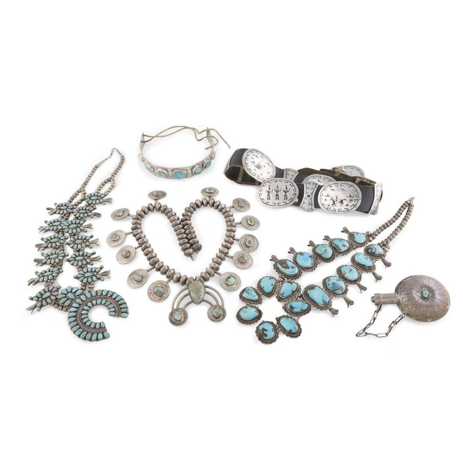 Group of six Native American silver and turquoise jewelry items Southwest, probably Zuni, 20th century