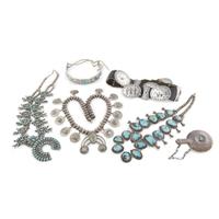 Group of six Native American silver and turquoise jewelry items Southwest, probably Zuni, 20th century