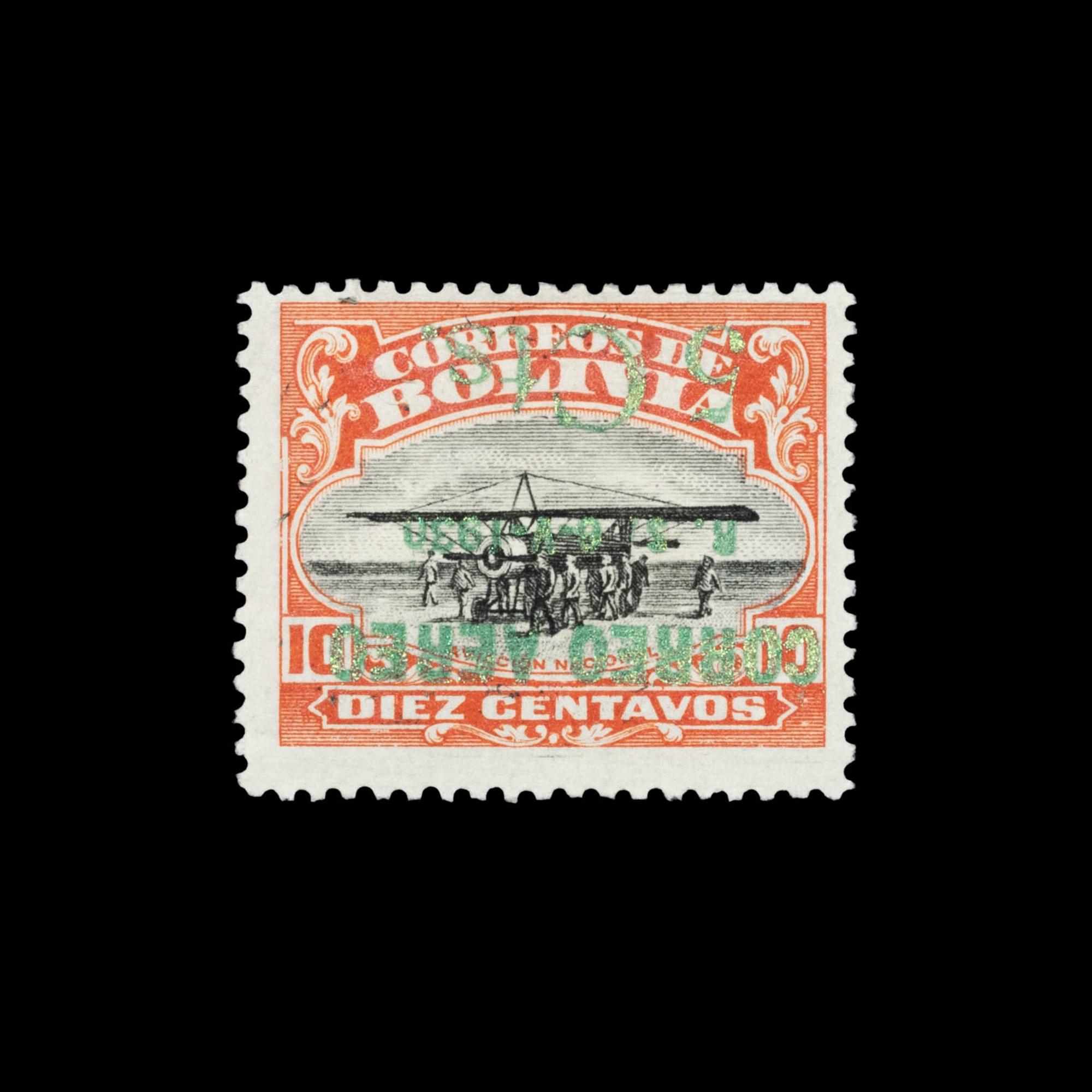 [SURCHARGE ERROR] BOLIVIA. Airmail. 1930. 5c on 10c. Vermillion & Black with Green Surcharge, (#C19a), Inverted Surcharge