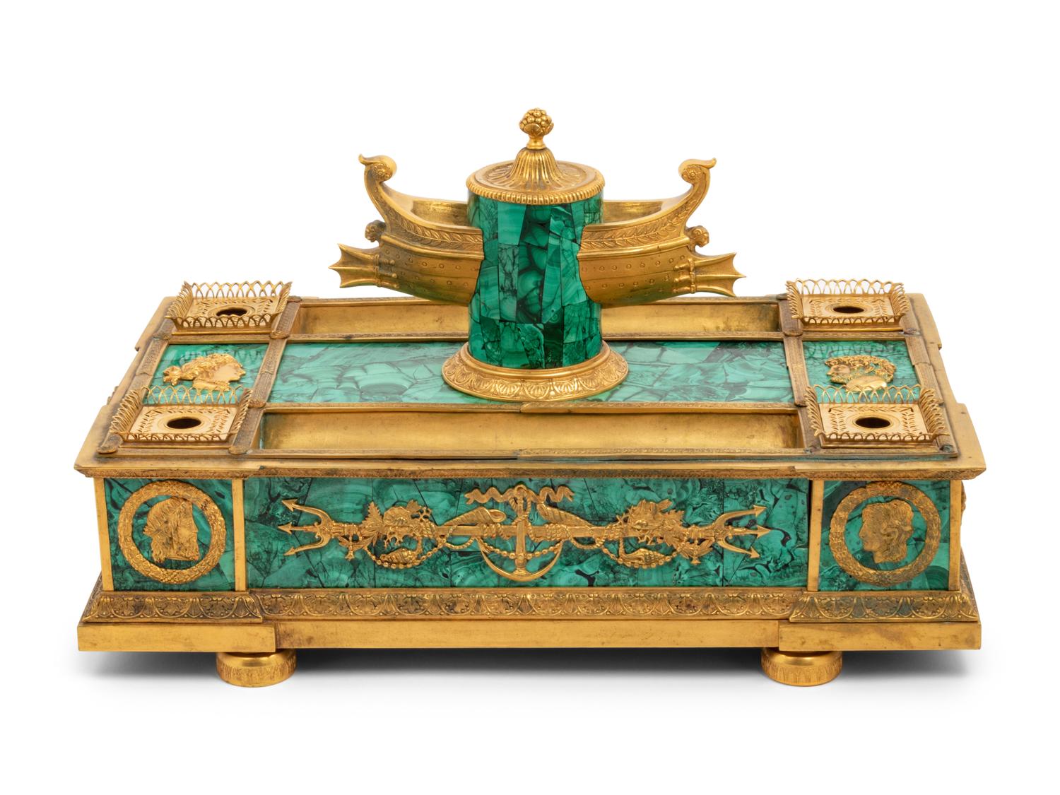 An Empire Style Gilt Bronze and Malachite Veneered Standish