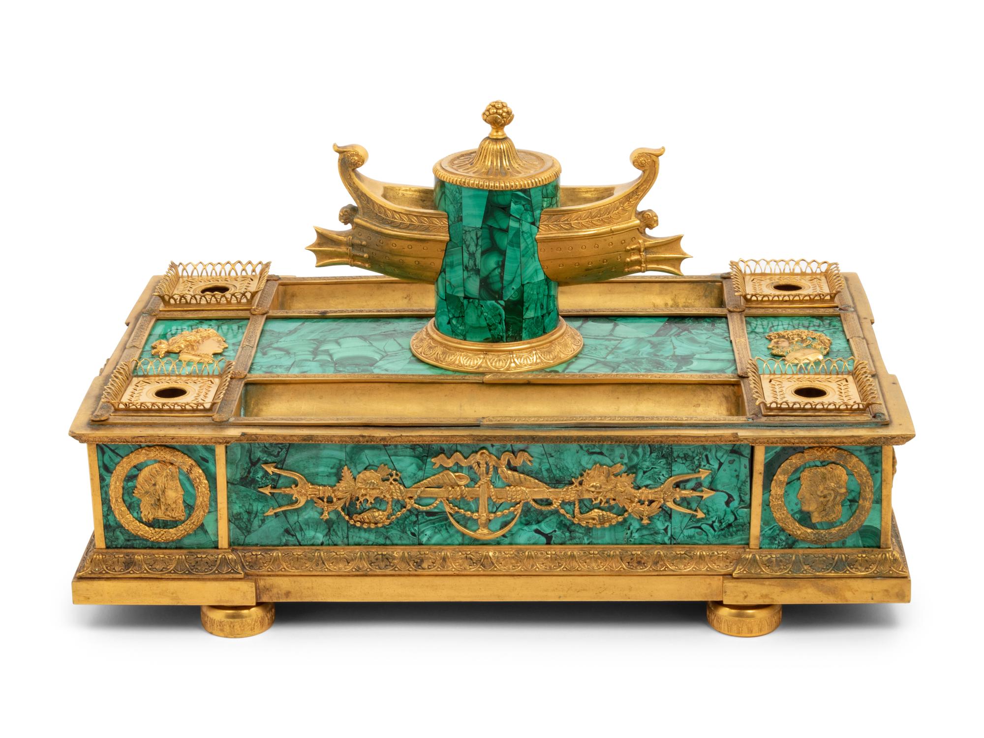 An Empire Style Gilt Bronze and Malachite Veneered Standish