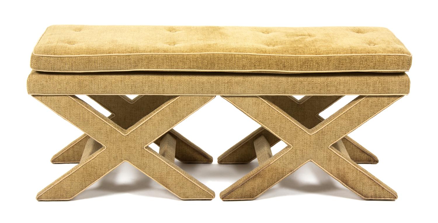 A Contemporary Upholstered Double X-Form Bench Height 20 x length 48 x width 16 inches.