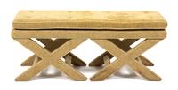 A Contemporary Upholstered Double X-Form Bench Height 20 x length 48 x width 16 inches.