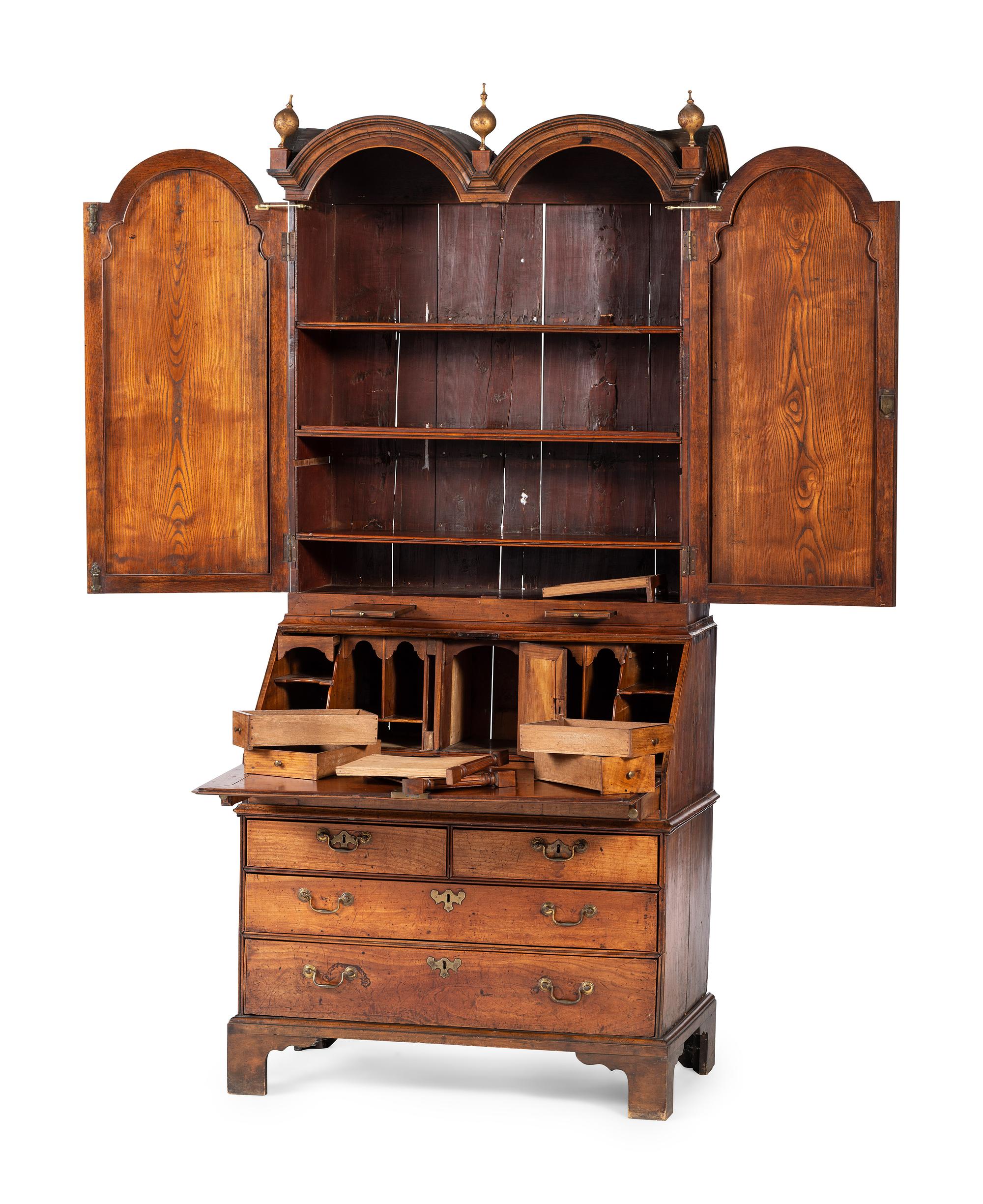 A Queen Anne Walnut Double Bonnet Secretary Bookcase