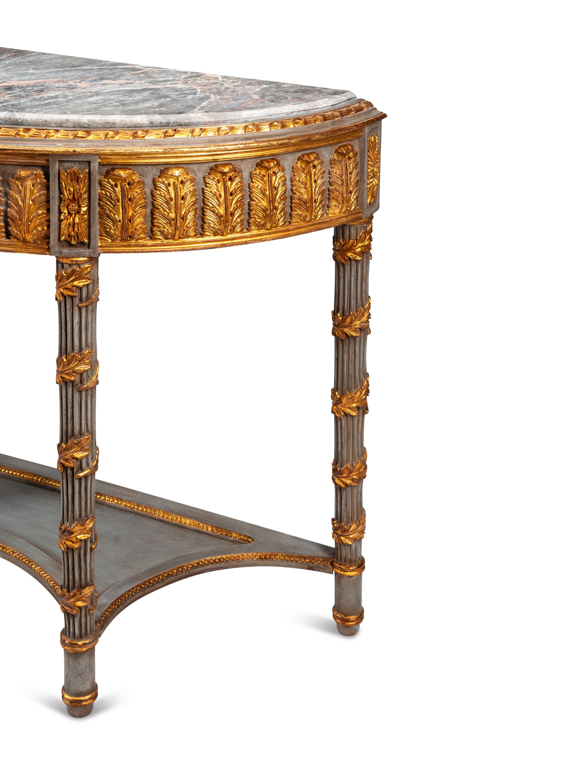 A Pair of Louis XVI Style Gray-Painted and Parcel Gilt Marble-Top Console Tables