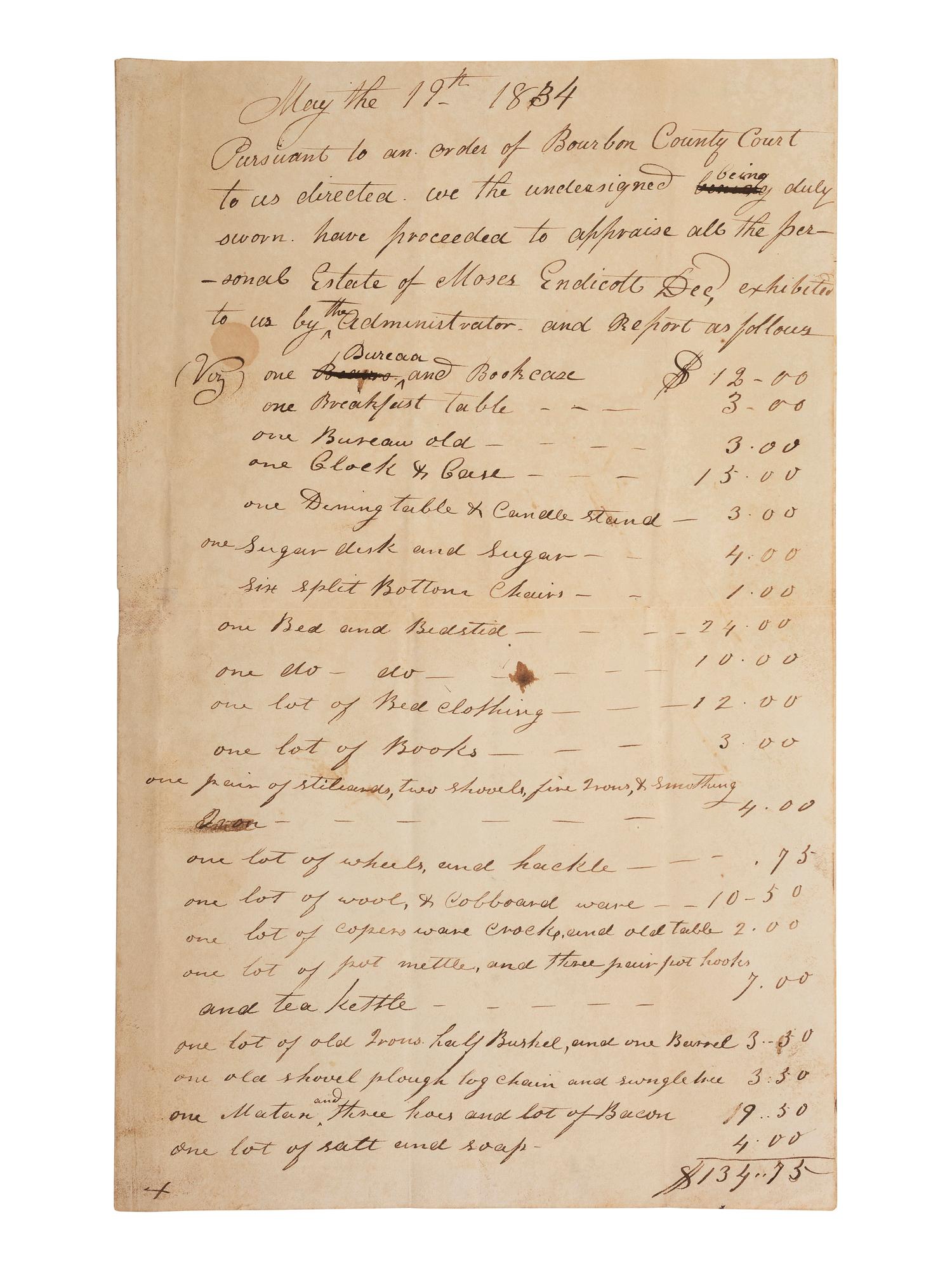 [ENSLAVEMENT & ABOLITION]. Bill of appraisement of the estate of Revolutionary War soldier Moses Endicott, listing two enslaved persons. Bourbon County, KY, 19 May 1834.