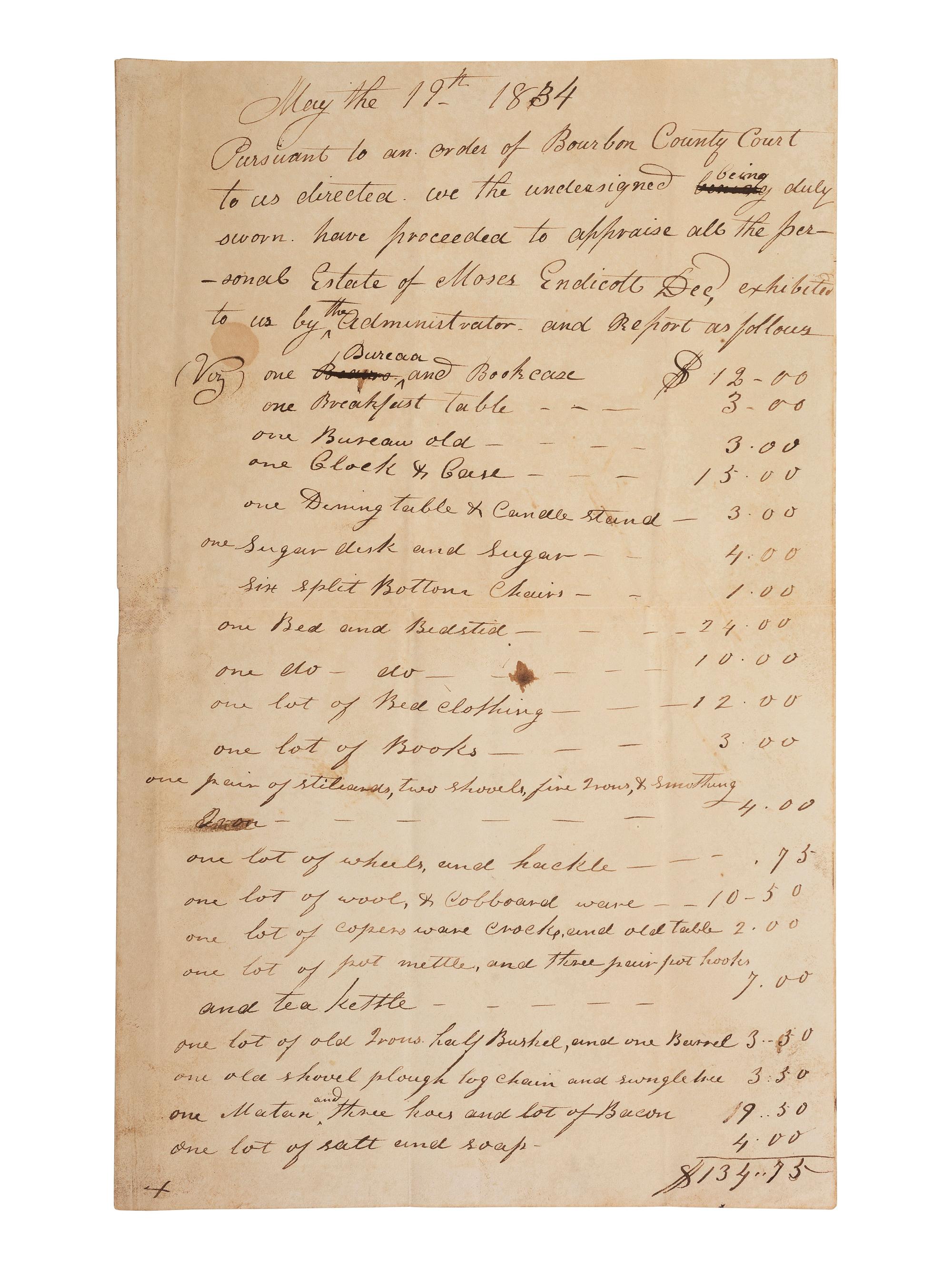 [ENSLAVEMENT & ABOLITION]. Bill of appraisement of the estate of Revolutionary War soldier Moses Endicott, listing two enslaved persons. Bourbon County, KY, 19 May 1834.