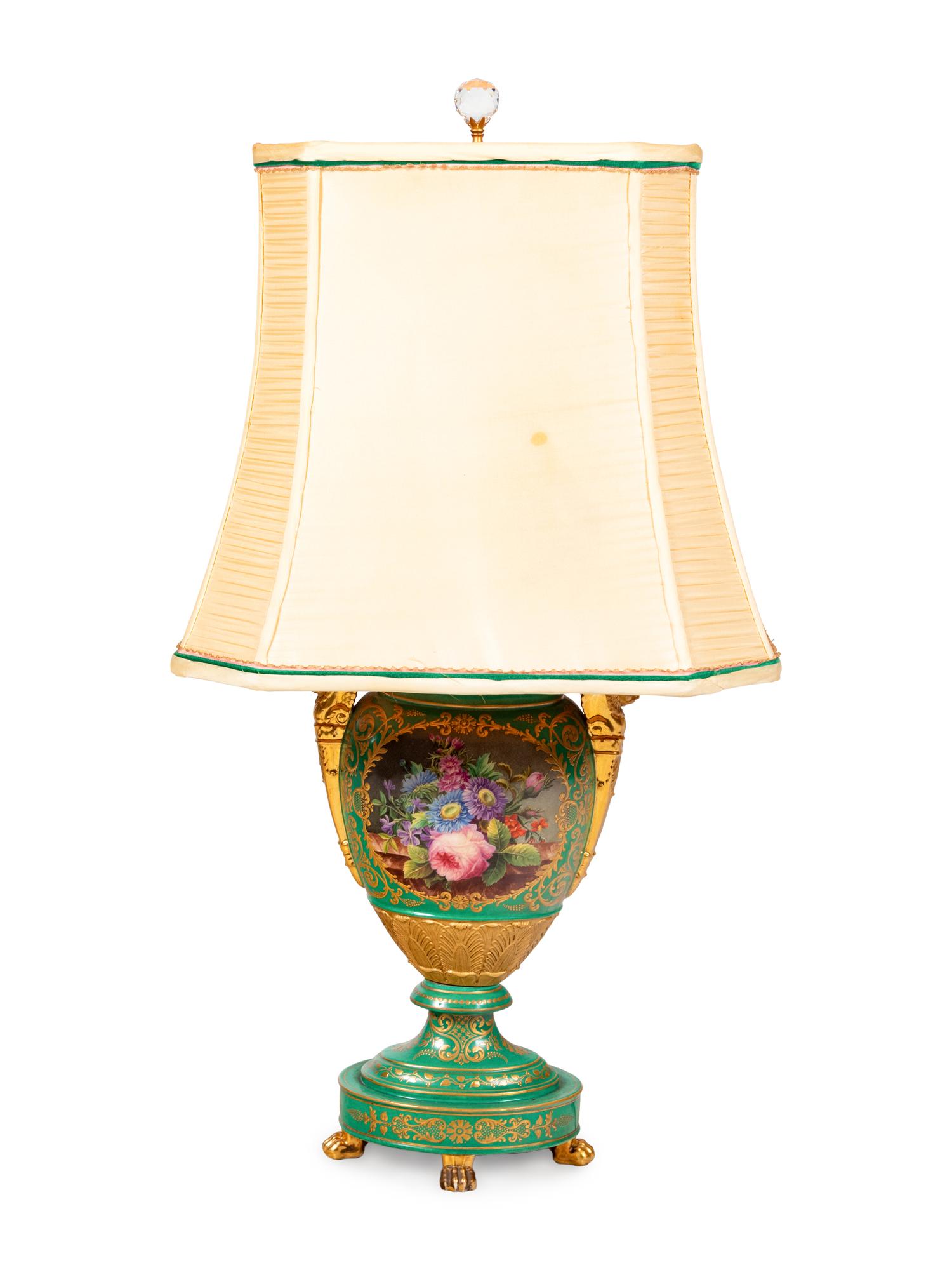 A Paris Porcelain Green Painted and Parcel Gilt Urn Mounted as a Lamp