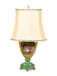 A Paris Porcelain Green Painted and Parcel Gilt Urn Mounted as a Lamp