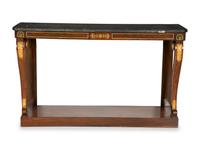 A Regency Style Mahogany and Parcel Gilt Console Table with Black Marble Top