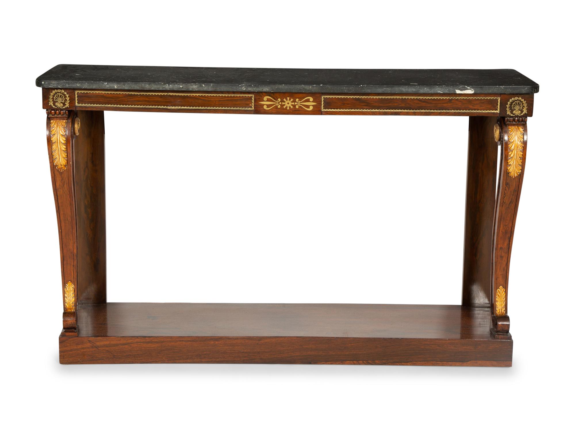 A Regency Style Mahogany and Parcel Gilt Console Table with Black Marble Top