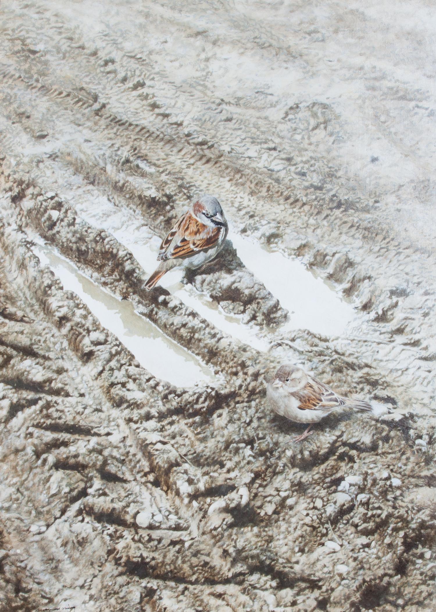 Raymond Harris Ching, (New Zealand, b. 1939), House Sparrows on a Muddy Track