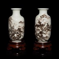 A Pair of Small Chinese Grisaille Decorated 'Landscape' Porcelain Vases, Early-Mid 20th Century — 近代 墨彩山水圖燈籠瓶一對 帶木座