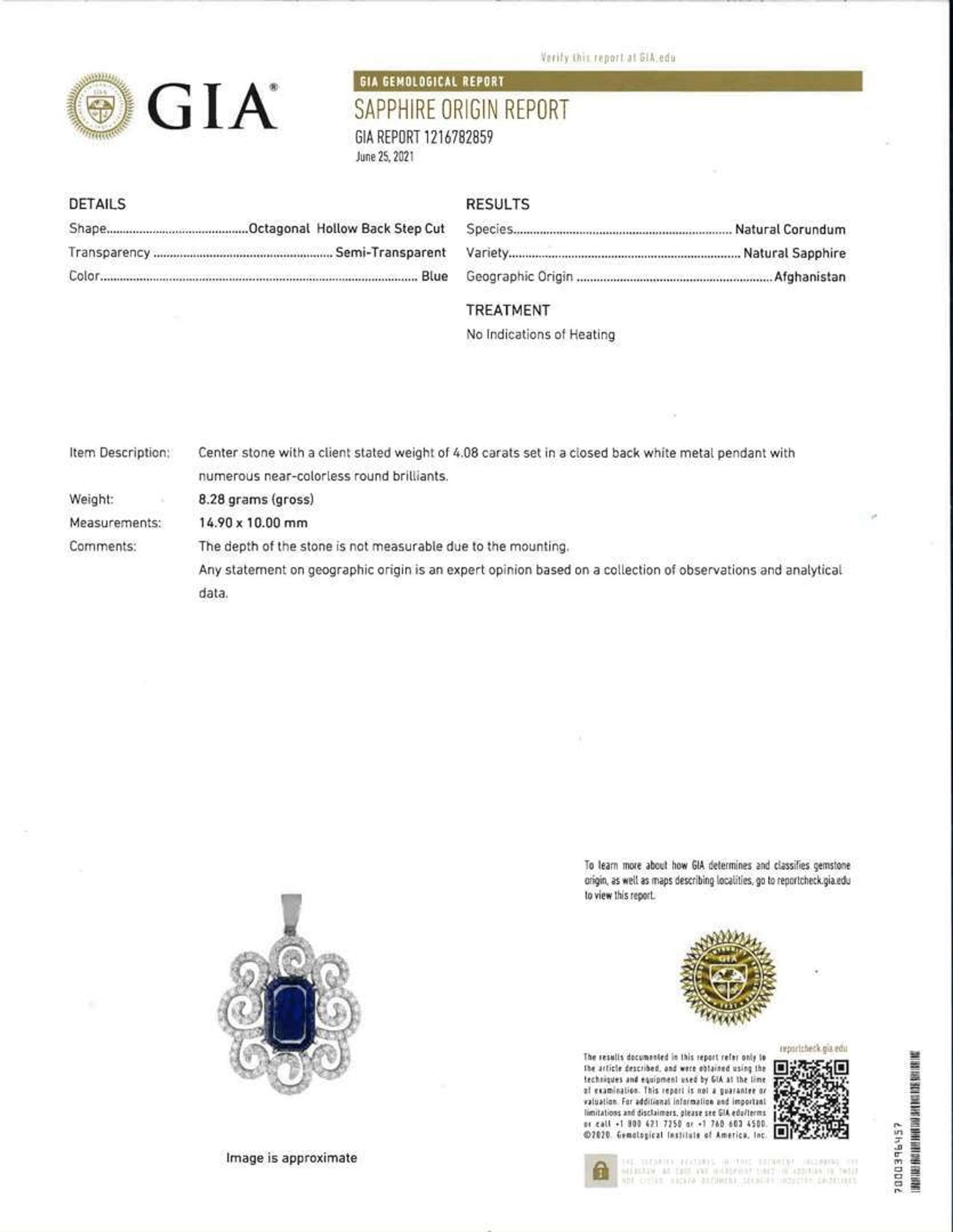 An 18K White Gold Necklace with Sapphire and Diamond Pendant Natural Sapphire, Afghanistan