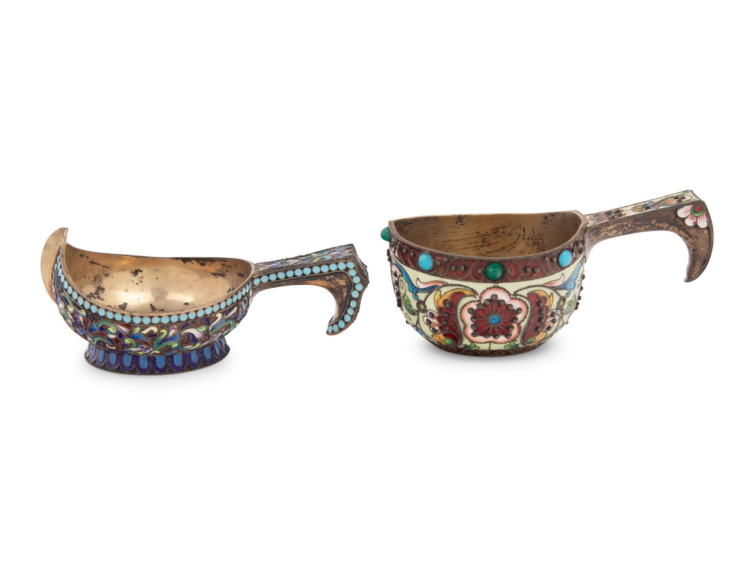 Two Russian Enameled Silver Kovshi