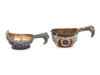 Two Russian Enameled Silver Kovshi