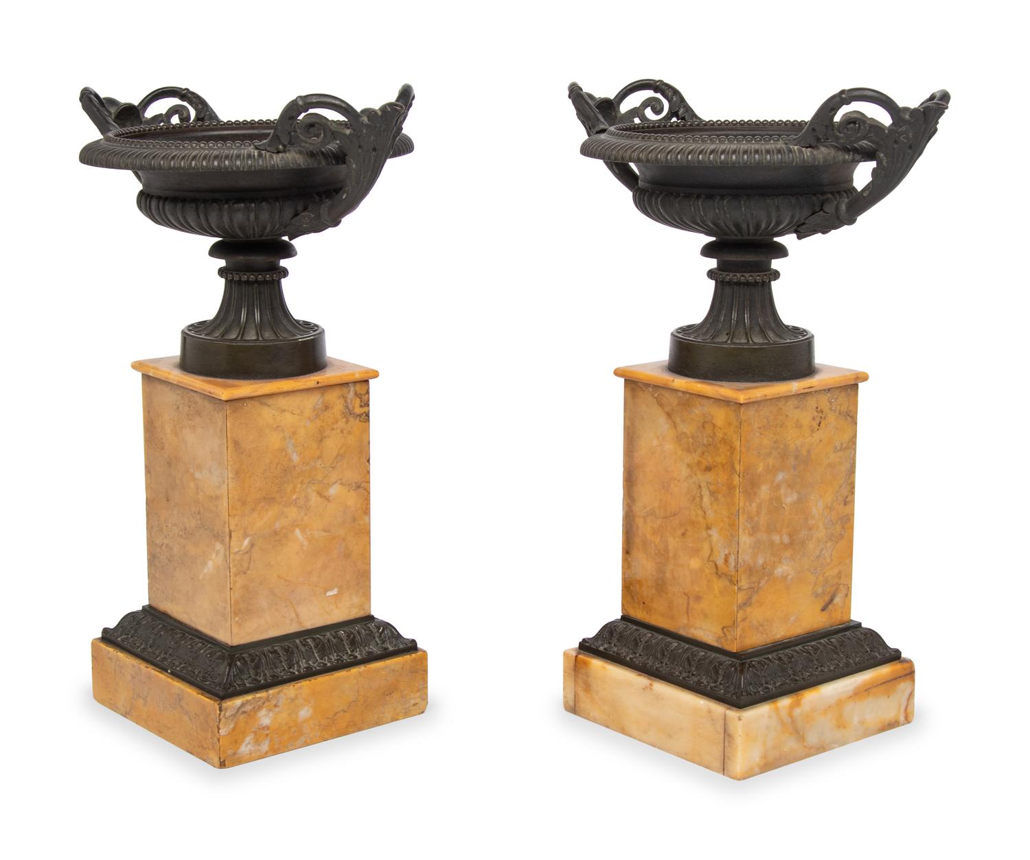 A Pair of Louis Phillipe Bronze and Sienna Marble Cassolettes