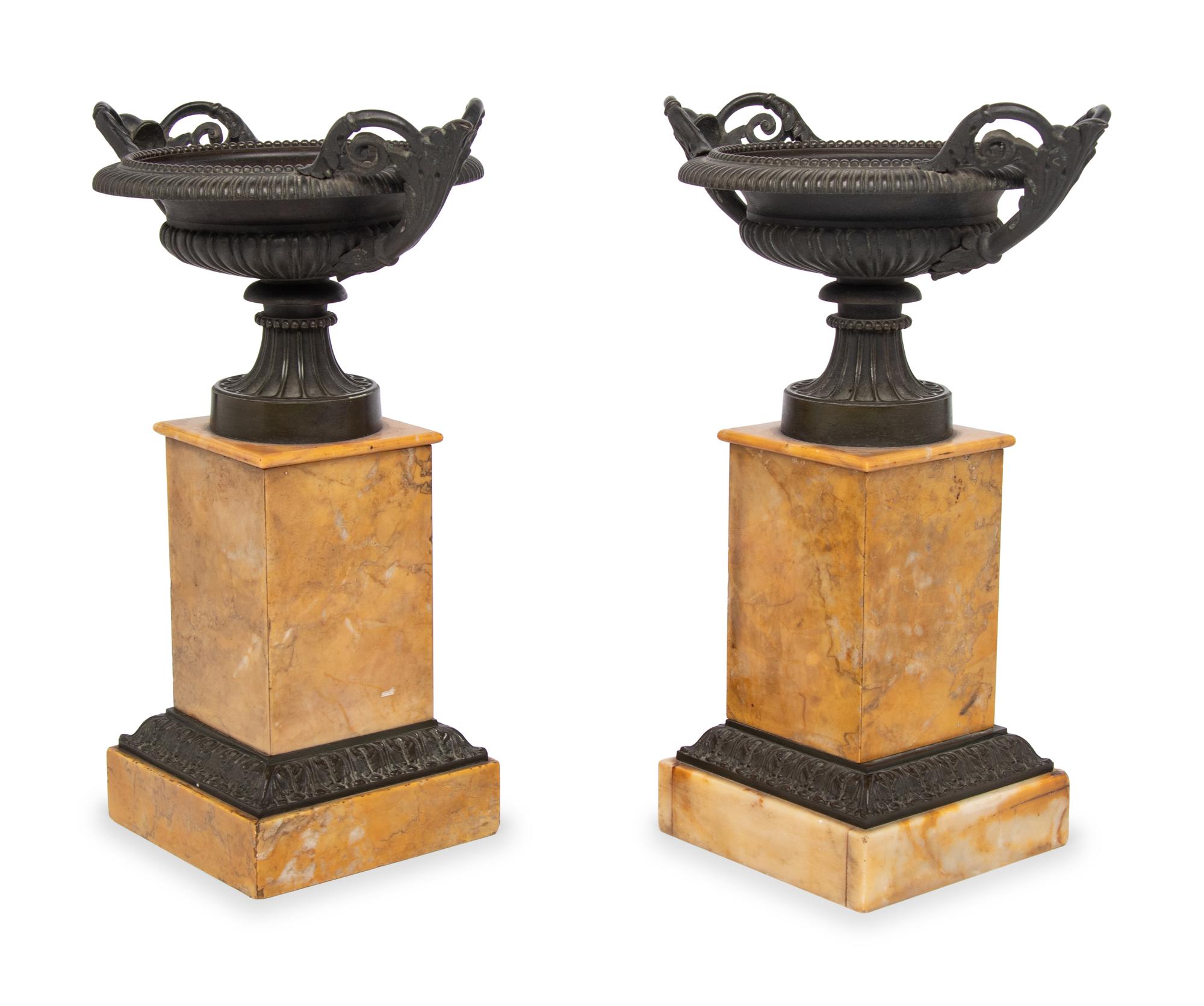 A Pair of Louis Phillipe Bronze and Sienna Marble Cassolettes
