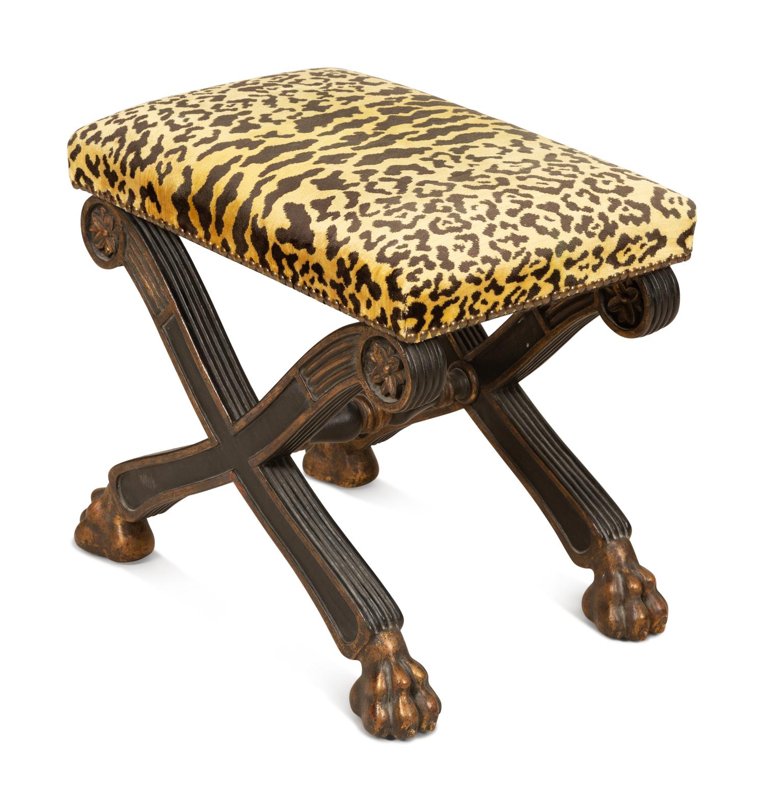 An Italian Neoclassical X-form Parcel Gilt Stool with Leopard Print Upholstered Seat