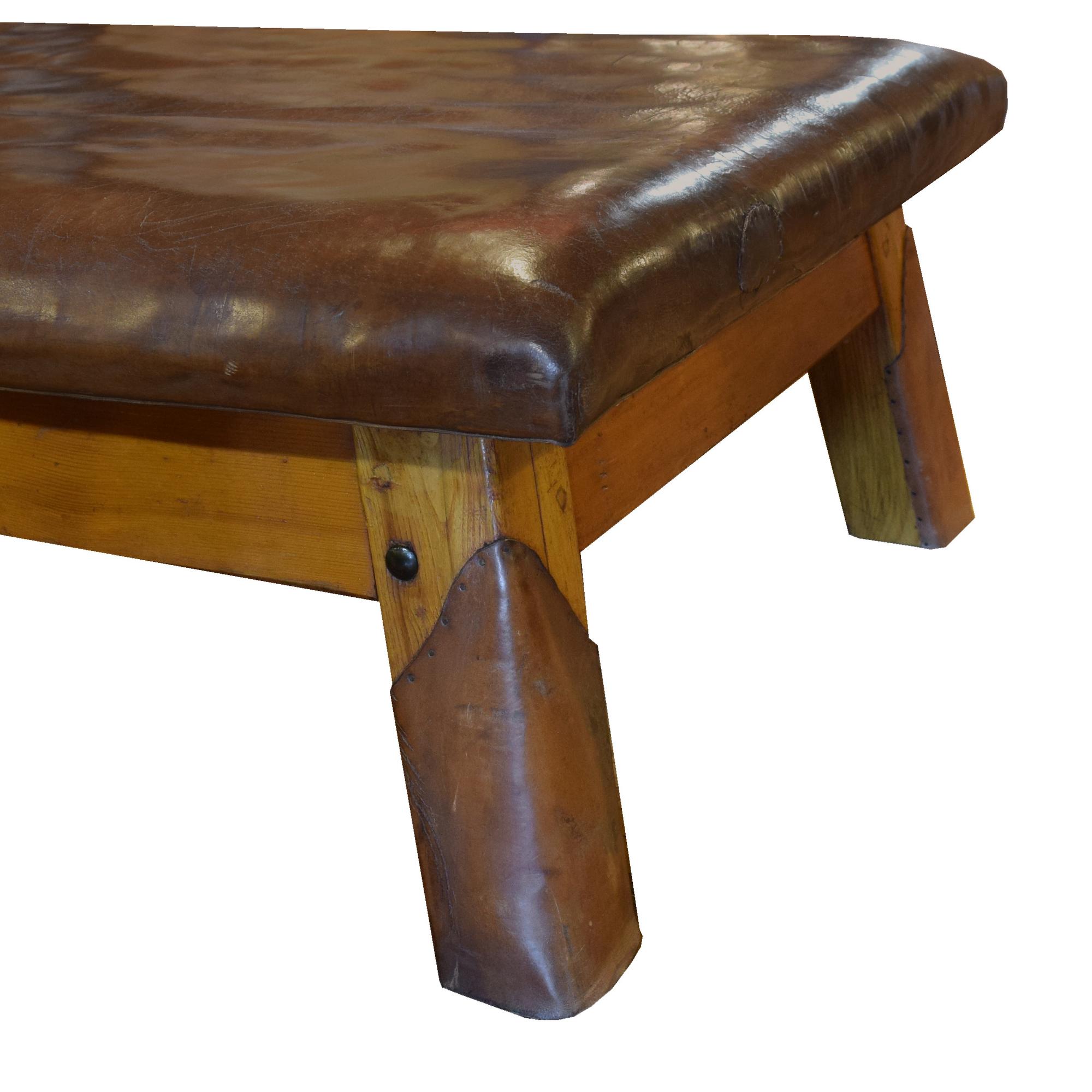 A Wood and Leather Vaulting Bench 67.5" W x 38" D x 20" H — Czech Republic, Circa 1930