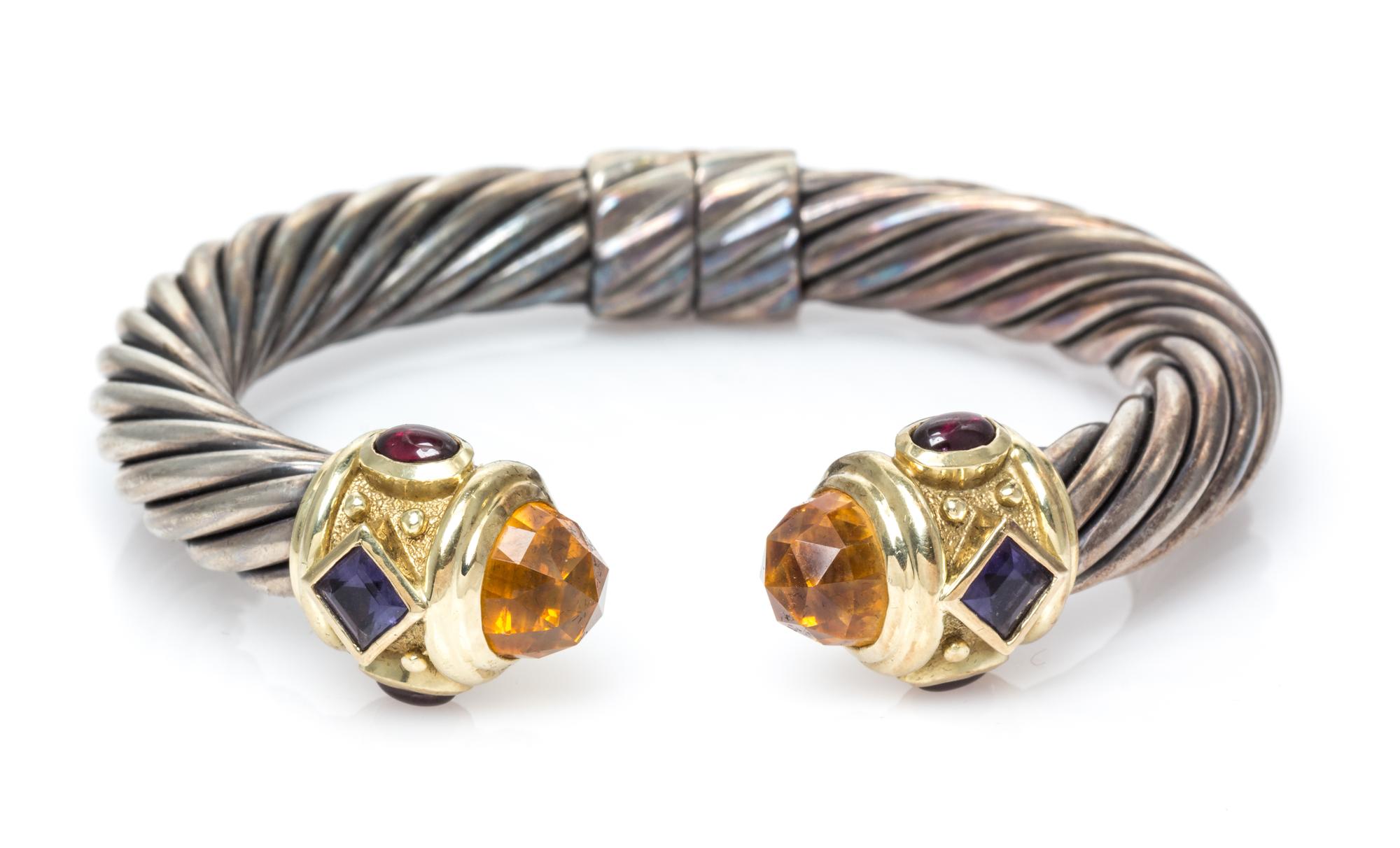 A Sterling Silver, 14 Karat Yellow Gold, Citrine, Iolite and Garnet 'Renaissance' Bracelet, David Yurman, 36.10 dwts.