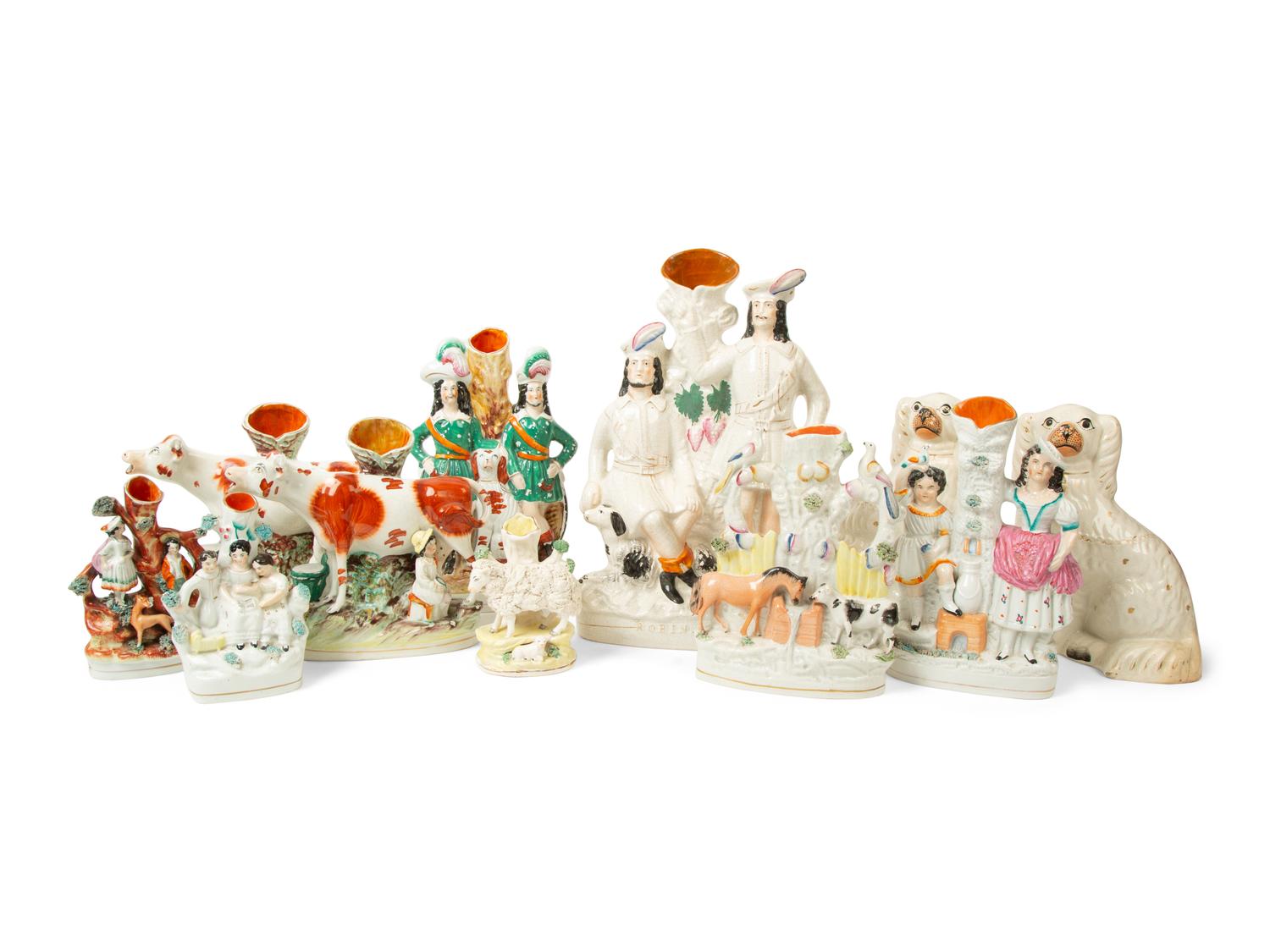 A Collection of Eight Staffordshire Spill Vases and a Pair of Seated Spaniels — 19TH CENTURY