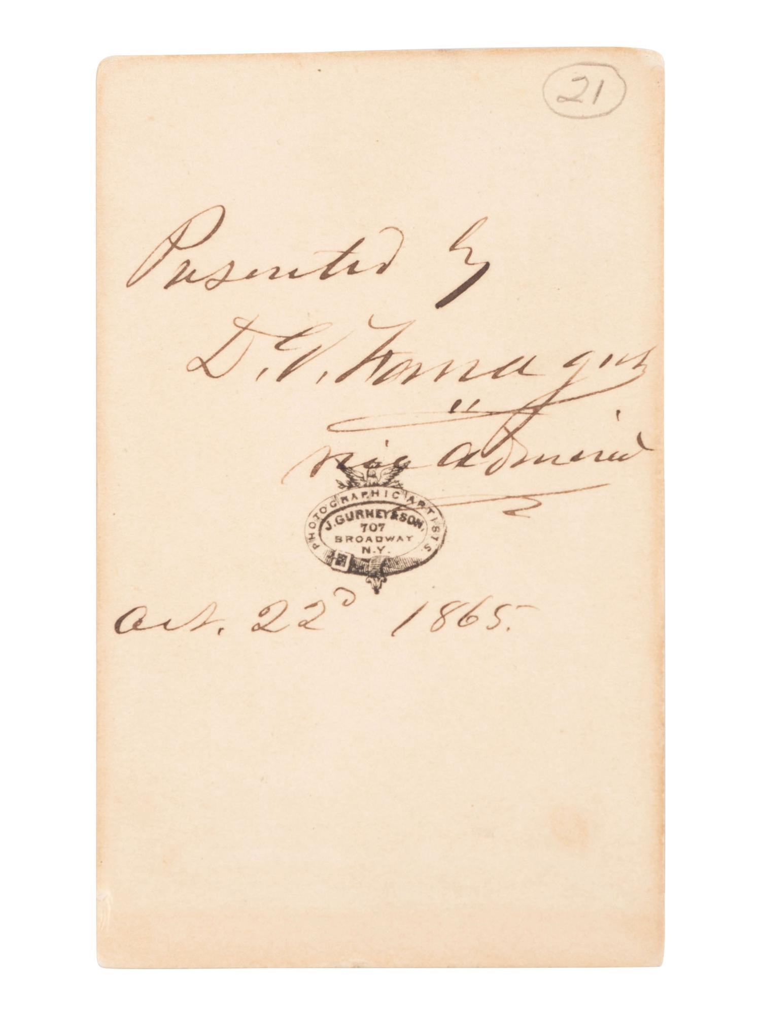 [CIVIL WAR]. FARRAGUT, David G. (1801-1870). CDV inscribed, dated, and signed on verso (“D.G. Farragut”) as Vice Admiral, 22 October 1865. New York: J. Gurney & Son, ca 1865.