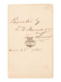 [CIVIL WAR]. FARRAGUT, David G. (1801-1870). CDV inscribed, dated, and signed on verso (“D.G. Farragut”) as Vice Admiral, 22 October 1865. New York: J. Gurney & Son, ca 1865.