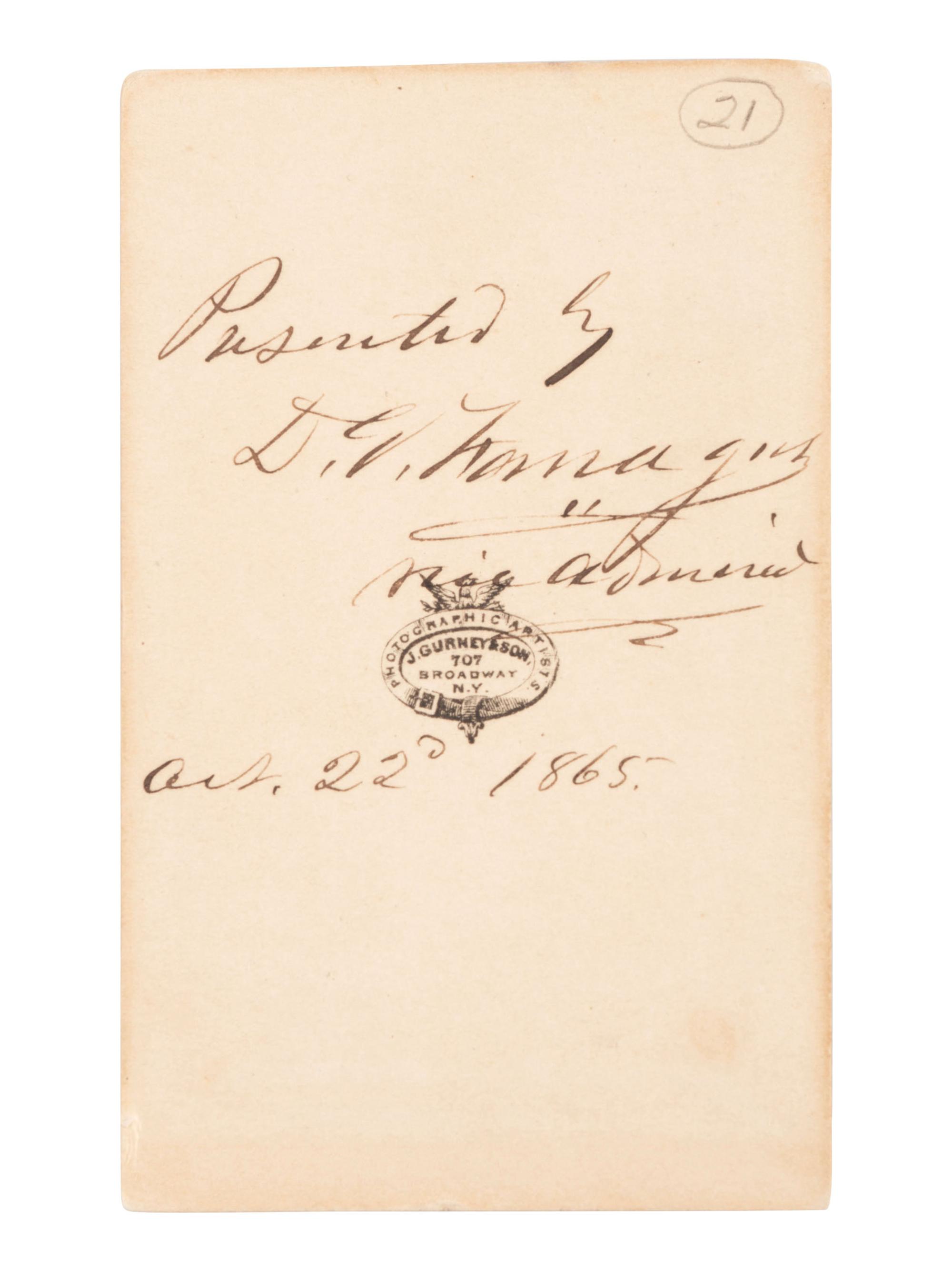 [CIVIL WAR]. FARRAGUT, David G. (1801-1870). CDV inscribed, dated, and signed on verso (“D.G. Farragut”) as Vice Admiral, 22 October 1865. New York: J. Gurney & Son, ca 1865.
