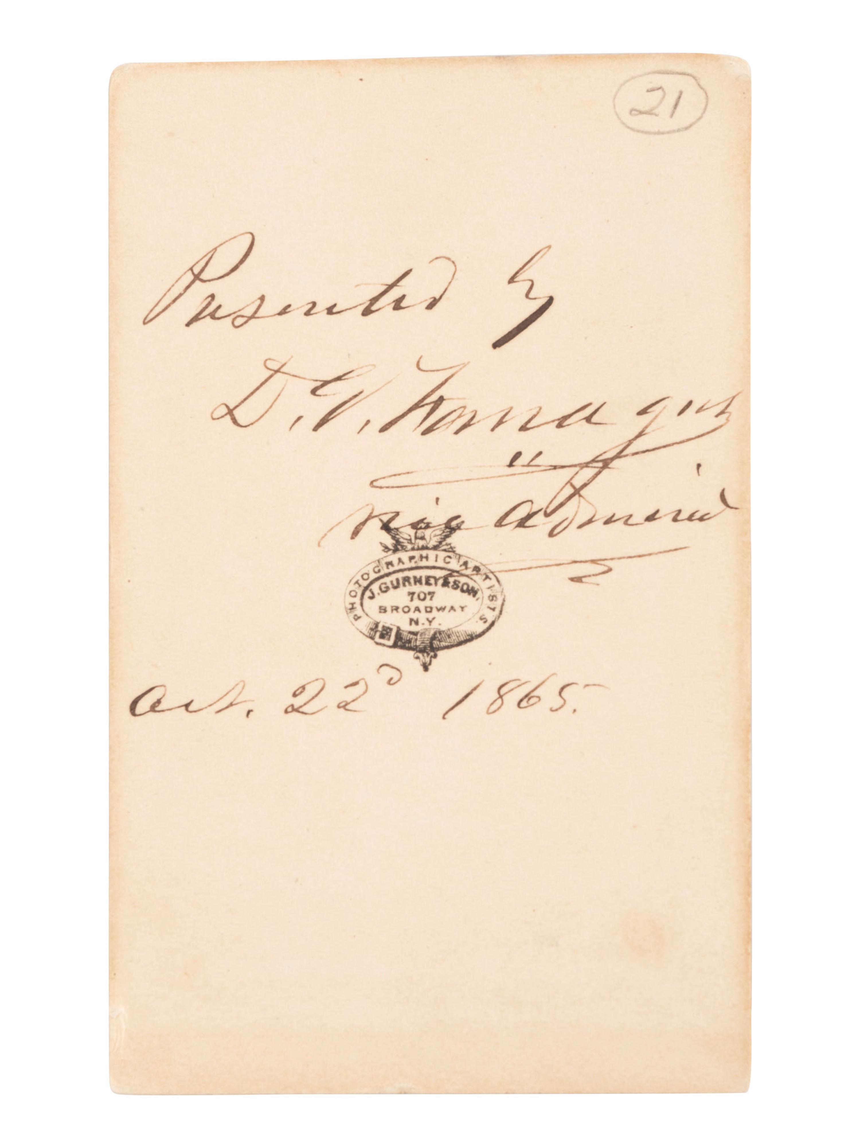 [CIVIL WAR]. FARRAGUT, David G. (1801-1870). CDV inscribed, dated, and signed on verso (“D.G. Farragut”) as Vice Admiral, 22 October 1865. New York: J. Gurney & Son, ca 1865.