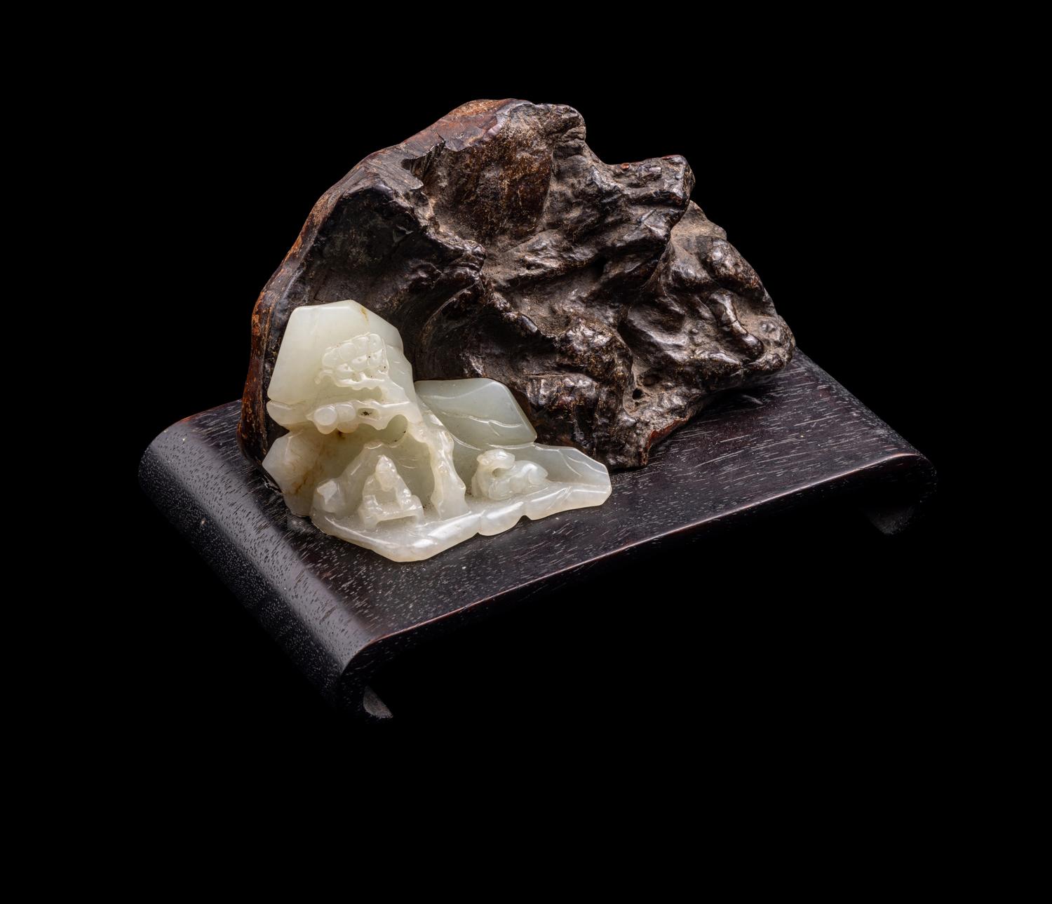 A Carved Celadon Jade and Rootwood Mountain