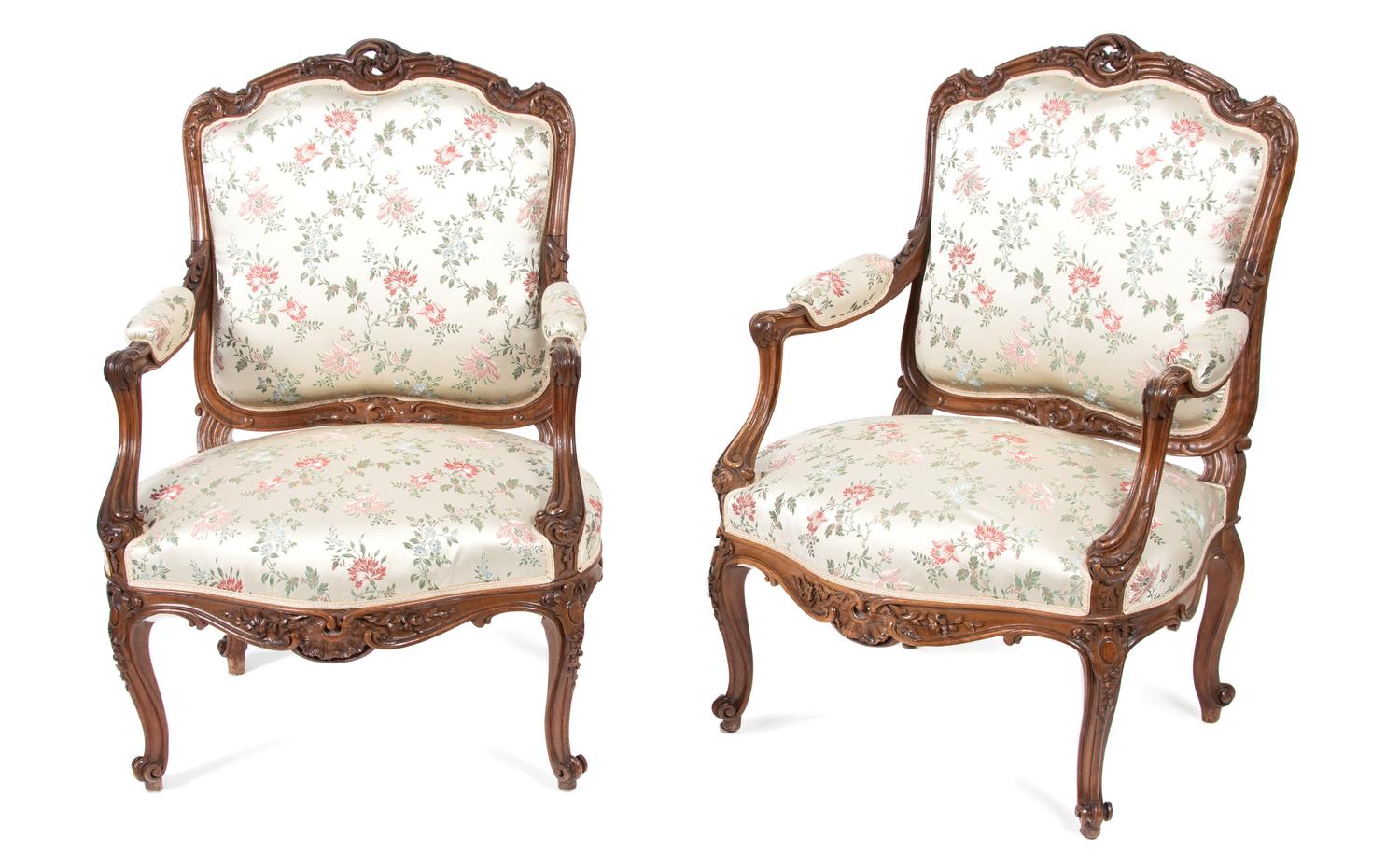 A Pair of Louis XV Style Fauteuils Height 40 x width 27 x depth 22 inches. — LATE 19TH CENTURY/ EARLY 20TH CENTURY