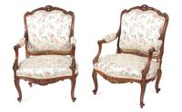 A Pair of Louis XV Style Fauteuils Height 40 x width 27 x depth 22 inches. — LATE 19TH CENTURY/ EARLY 20TH CENTURY