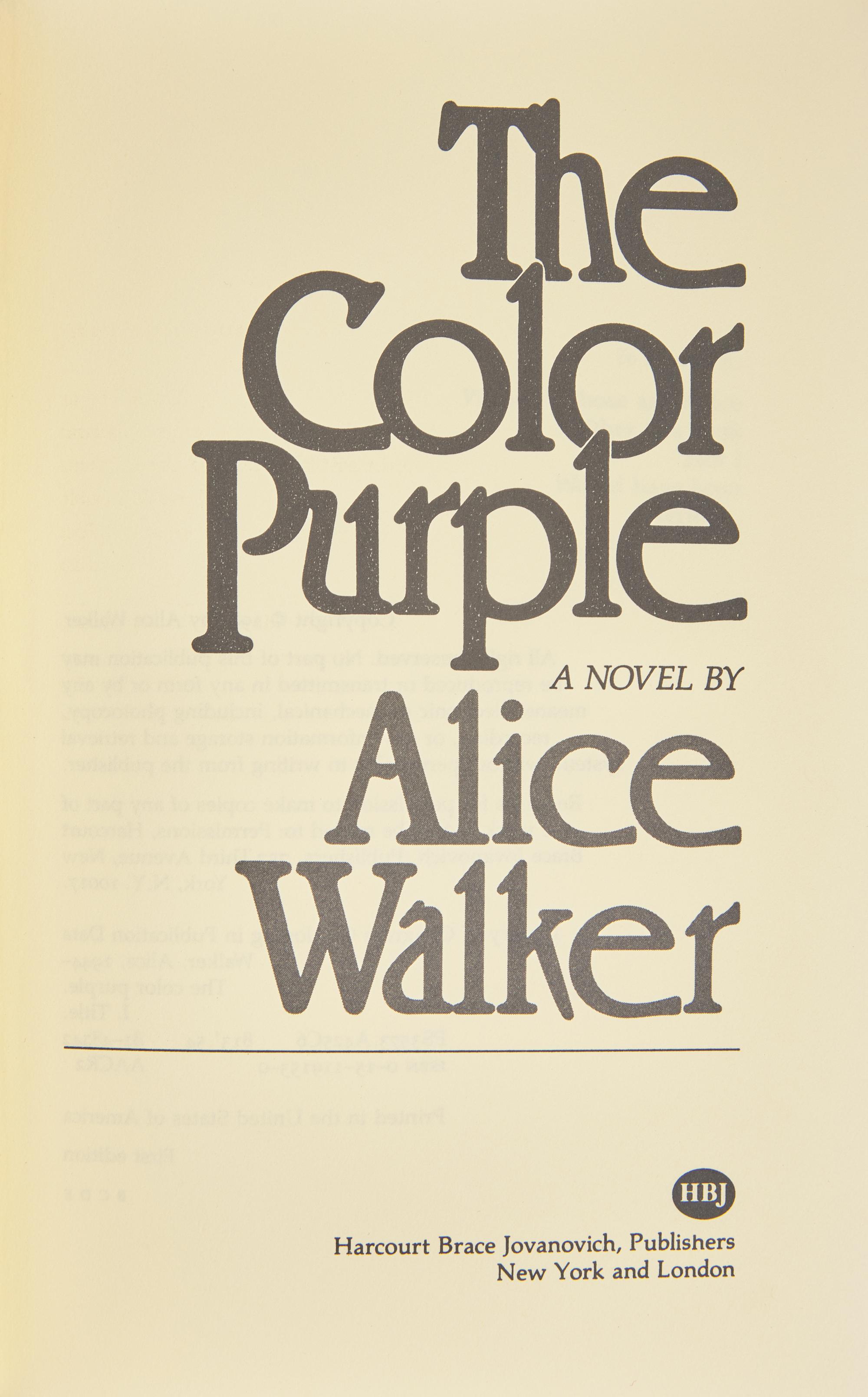 WALKER, Alice (b. 1944). The Color Purple. New York and London: Harcourt Brace Jovanovich, (1982).