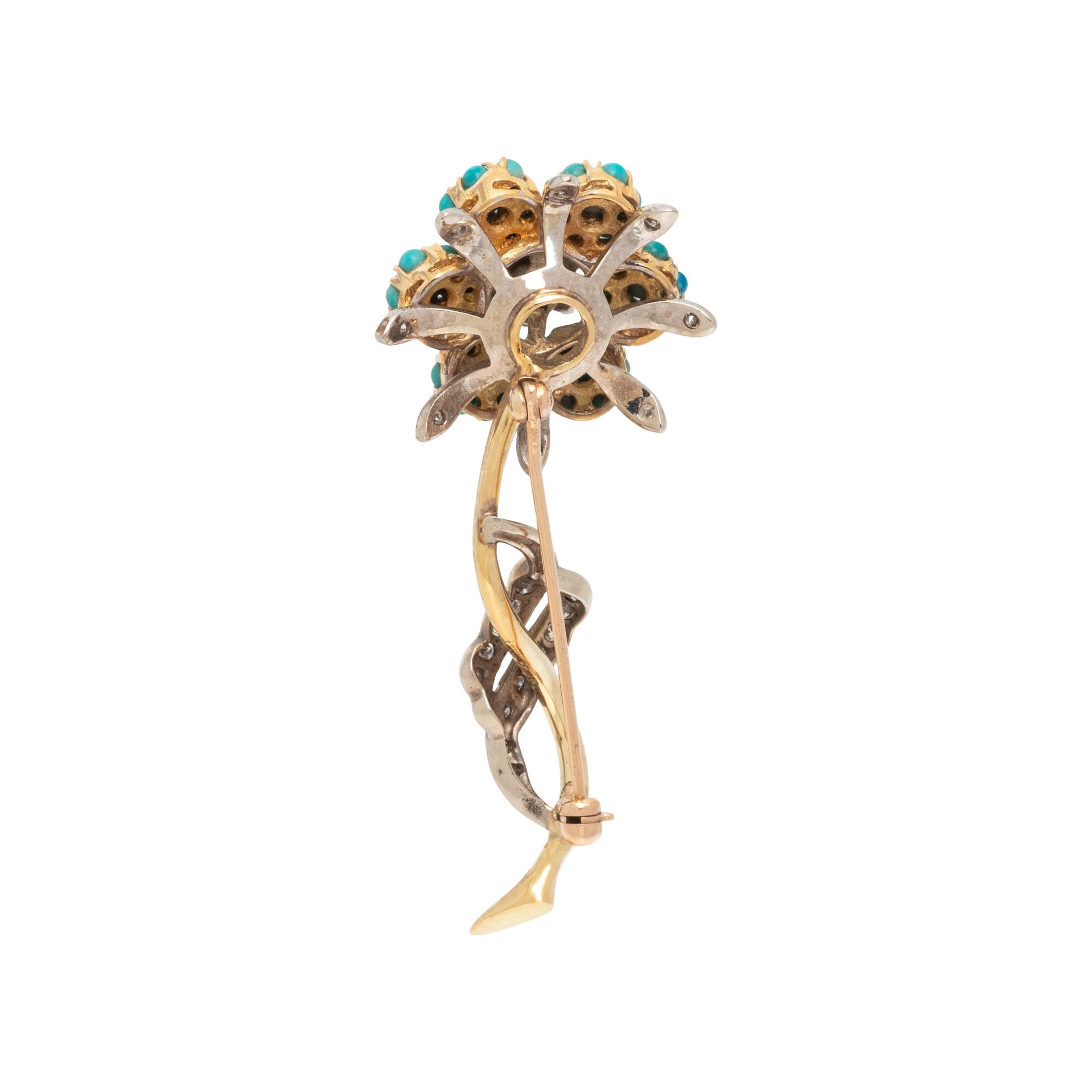 DIAMOND AND TURQUOISE FLOWER BROOCH