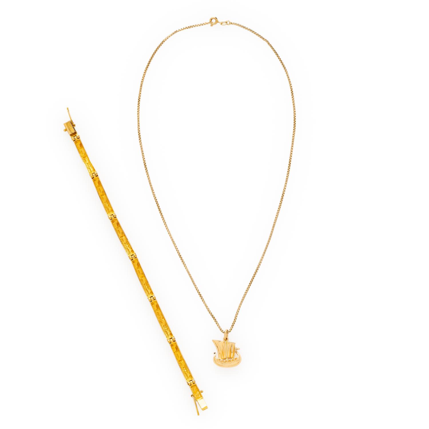 YELLOW GOLD VIKING SHIP NECKLACE AND BRACELET