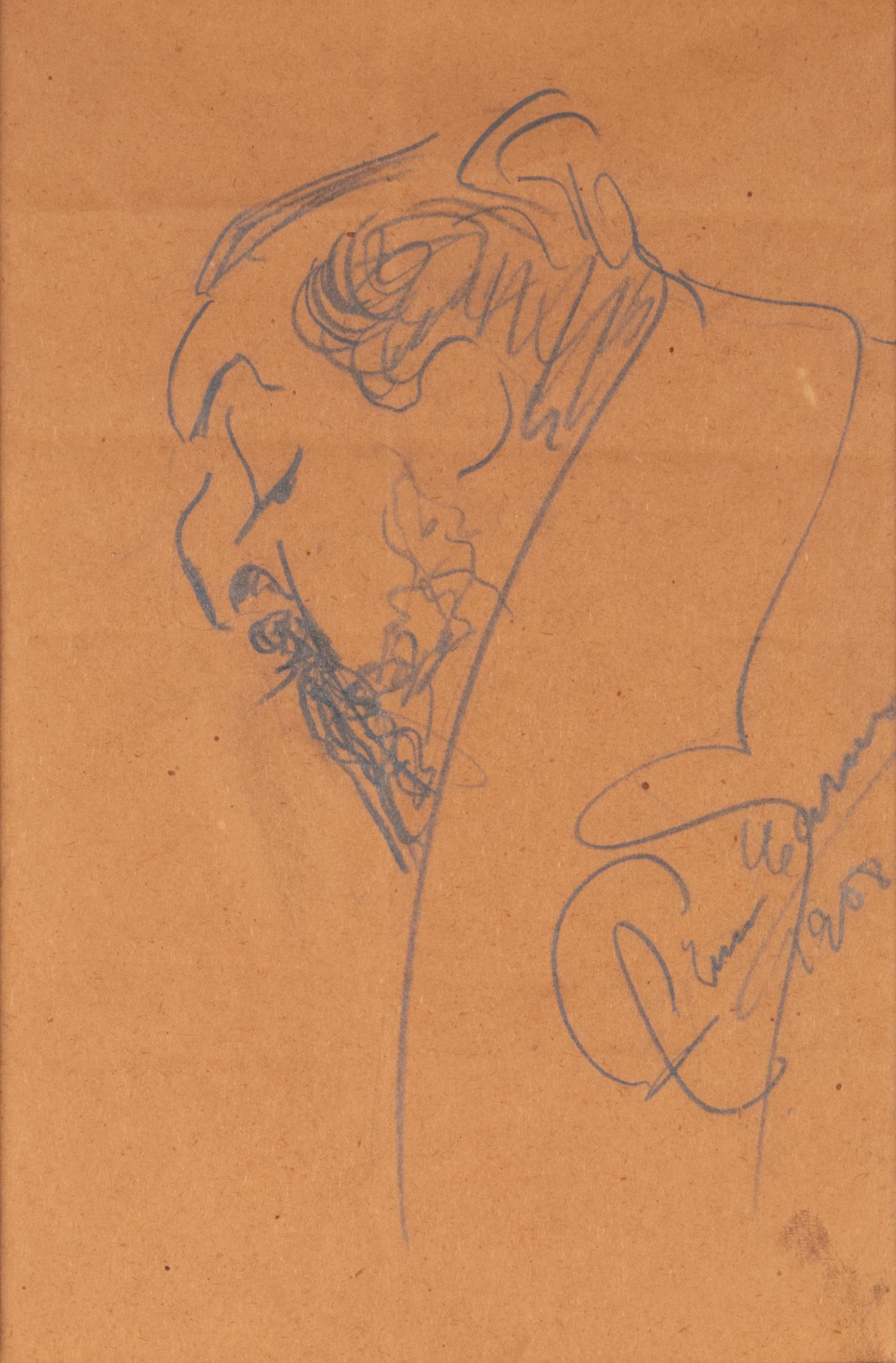 CARUSO, Enrico (1873-1921). Original drawing, caricature portrait of Giulio Gatti (1869-1940), in pencil, signed and dated lower right corner ("Enrico Caruso 1908").